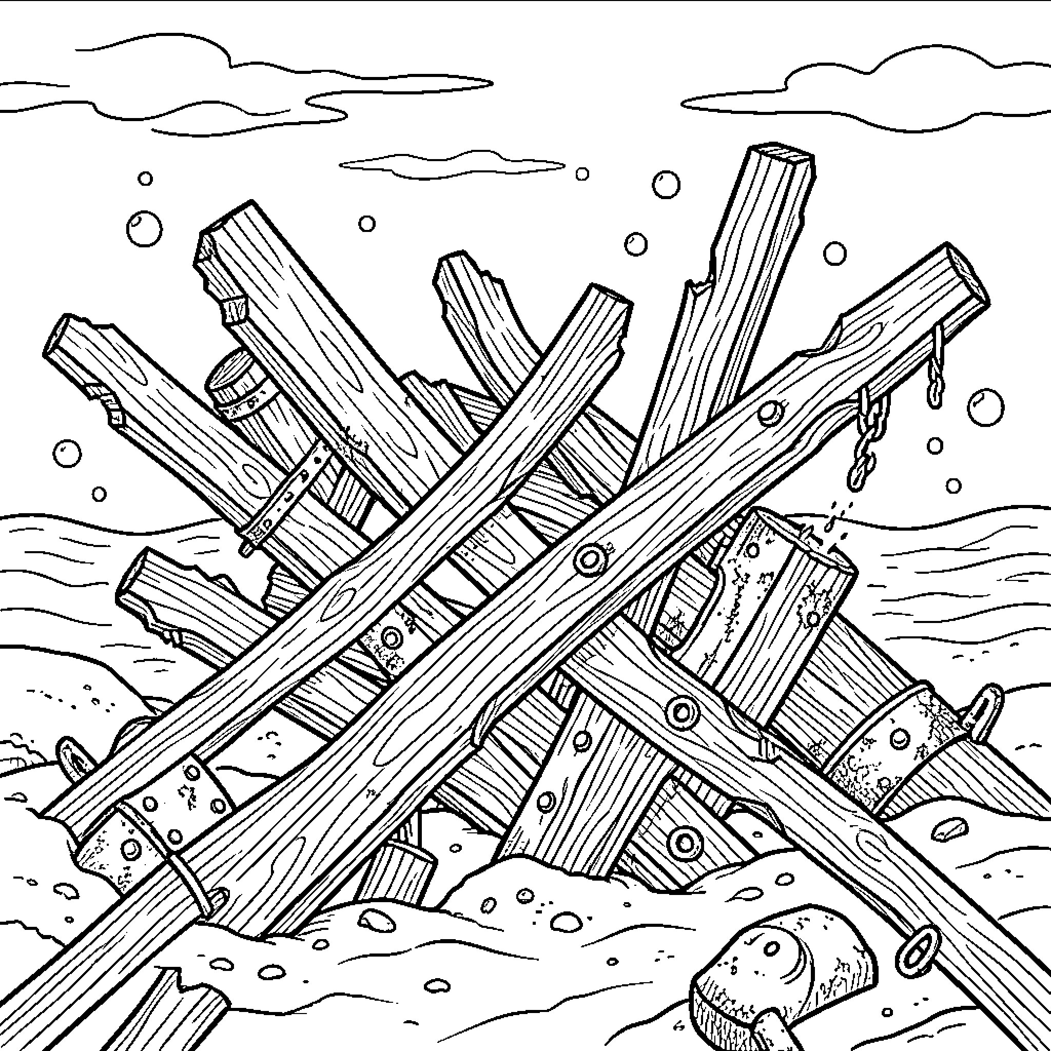 Shipwreck in the stormy sea Coloring Page (free black-and-white line drawing printable PDF for all, from beginners to advanced learners, including children, teens, adults, and seniors)