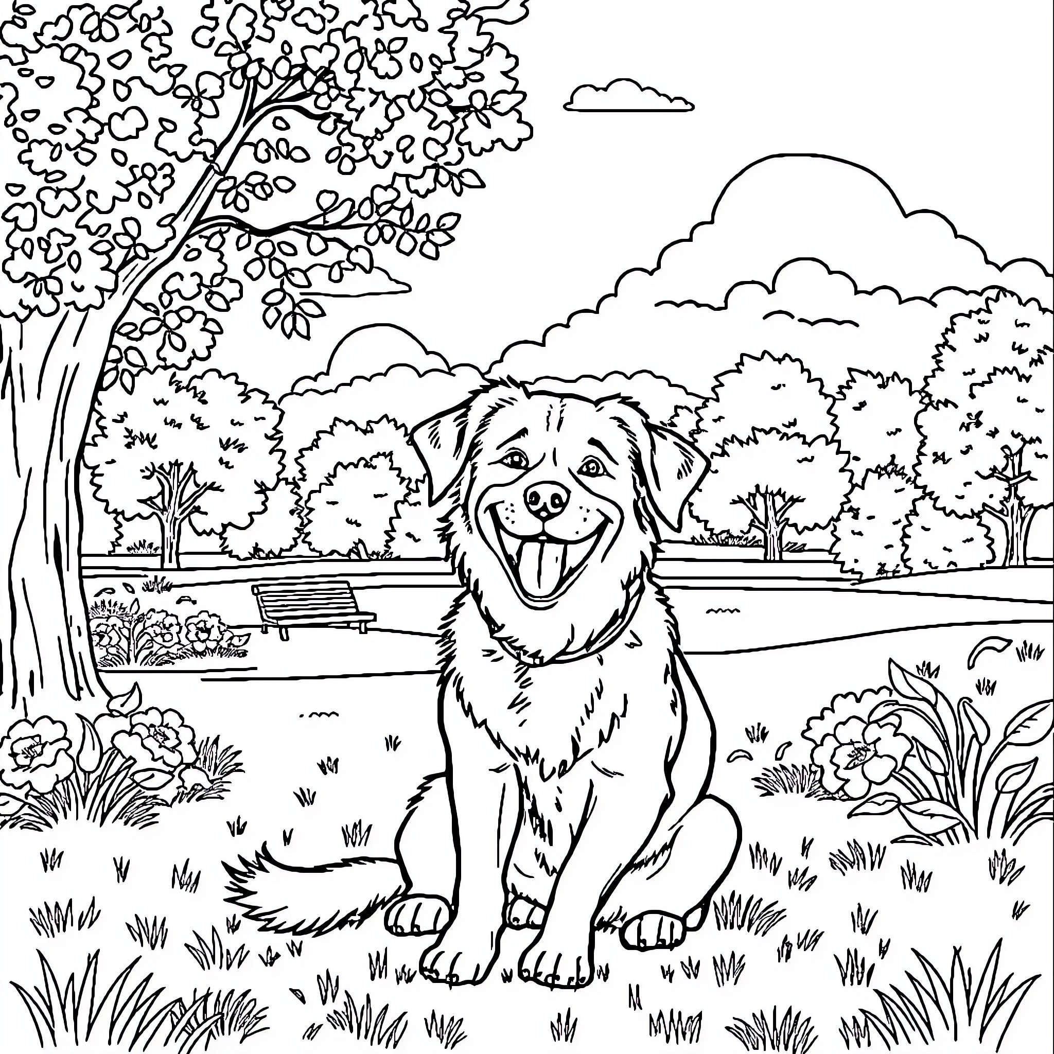Dog relaxing happily in a peaceful park Coloring Page (free black-and-white line drawing printable PDF for all, from beginners to advanced learners, including children, teens, adults, and seniors)