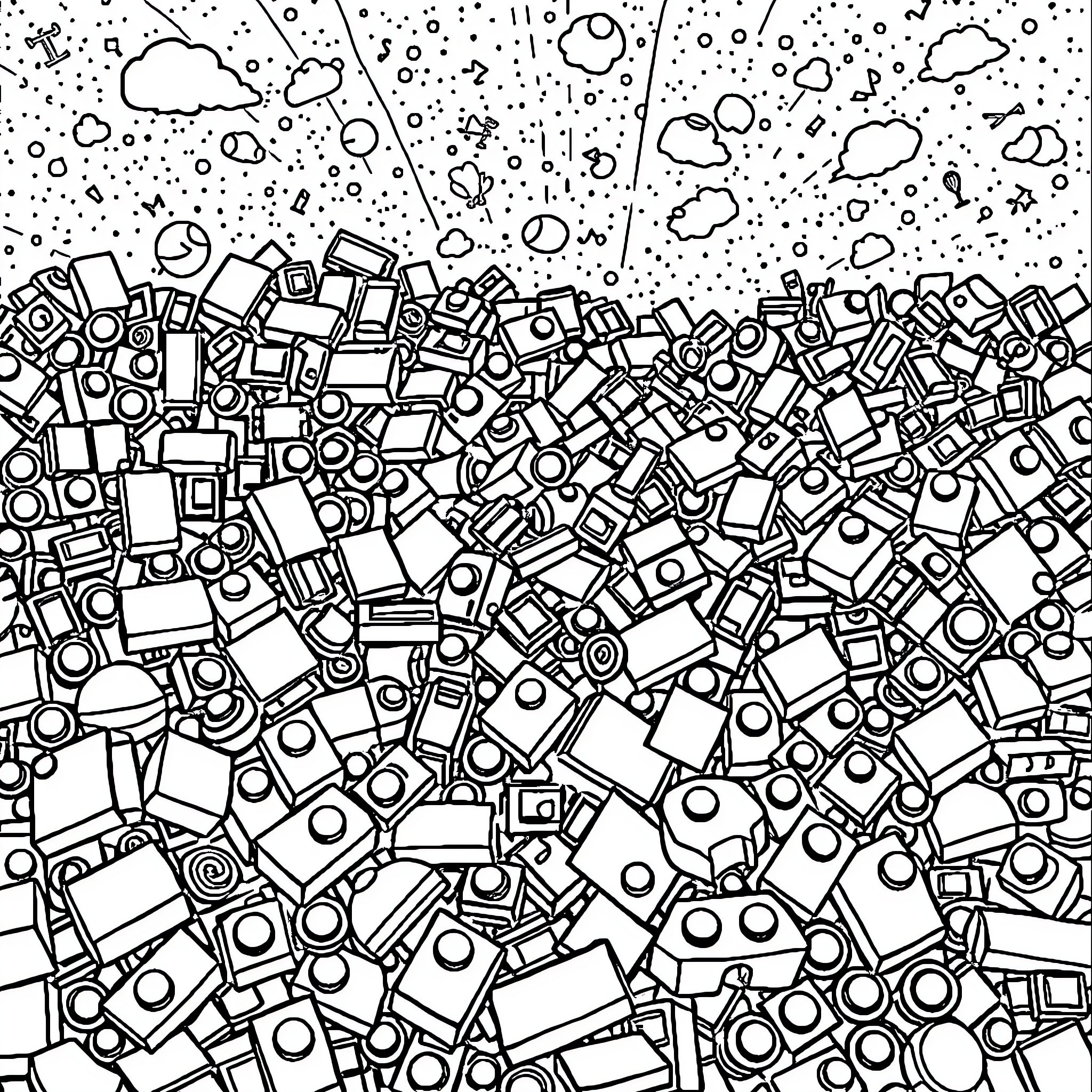 Lego Blocks Scattered in an Abstract Pattern Coloring Page (free black-and-white line drawing printable PDF for all, from beginners to advanced learners, including children, teens, adults, and seniors)