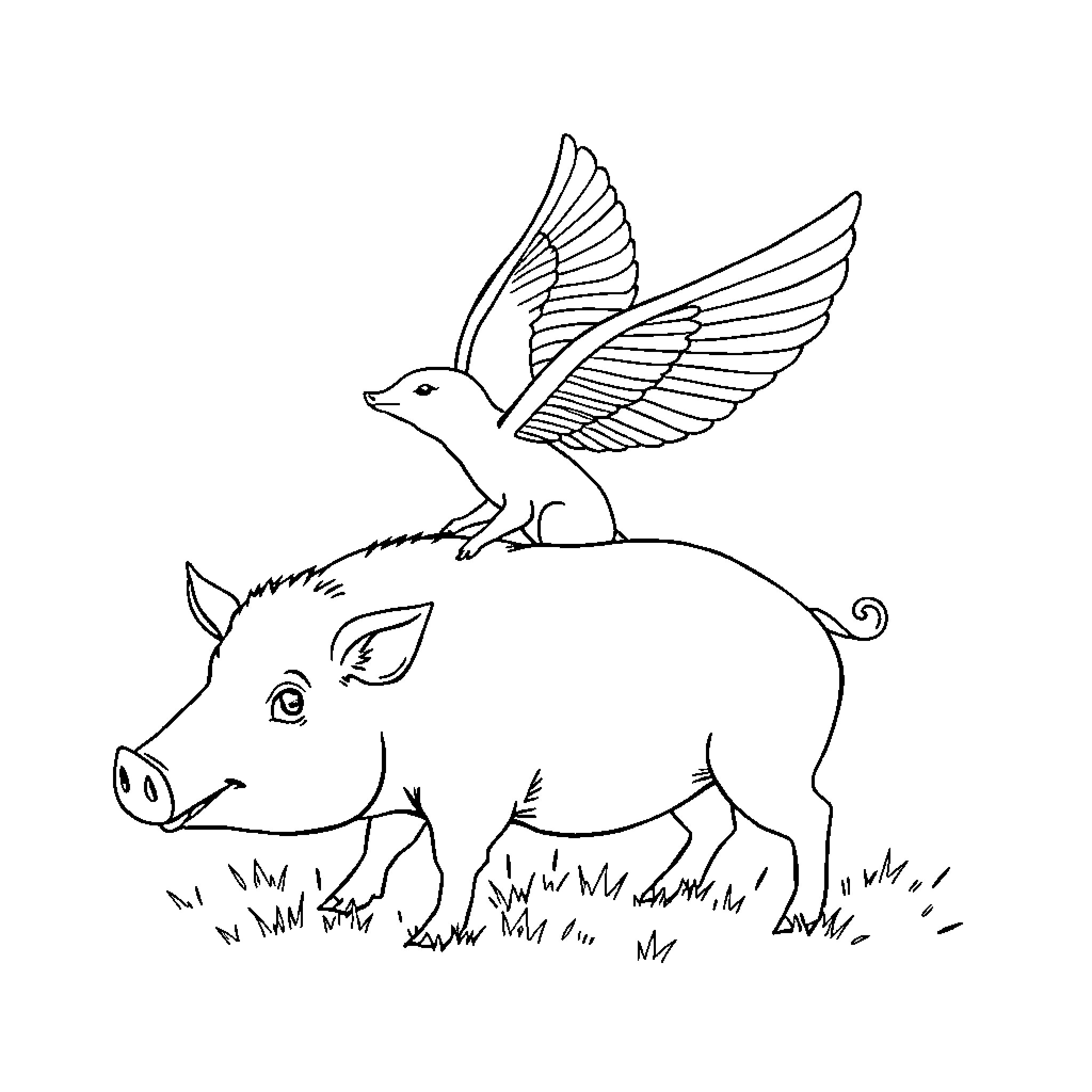 Fox bird riding on curious pig in field Coloring Page (free black-and-white line drawing printable PDF for all, from beginners to advanced learners, including children, teens, adults, and seniors)