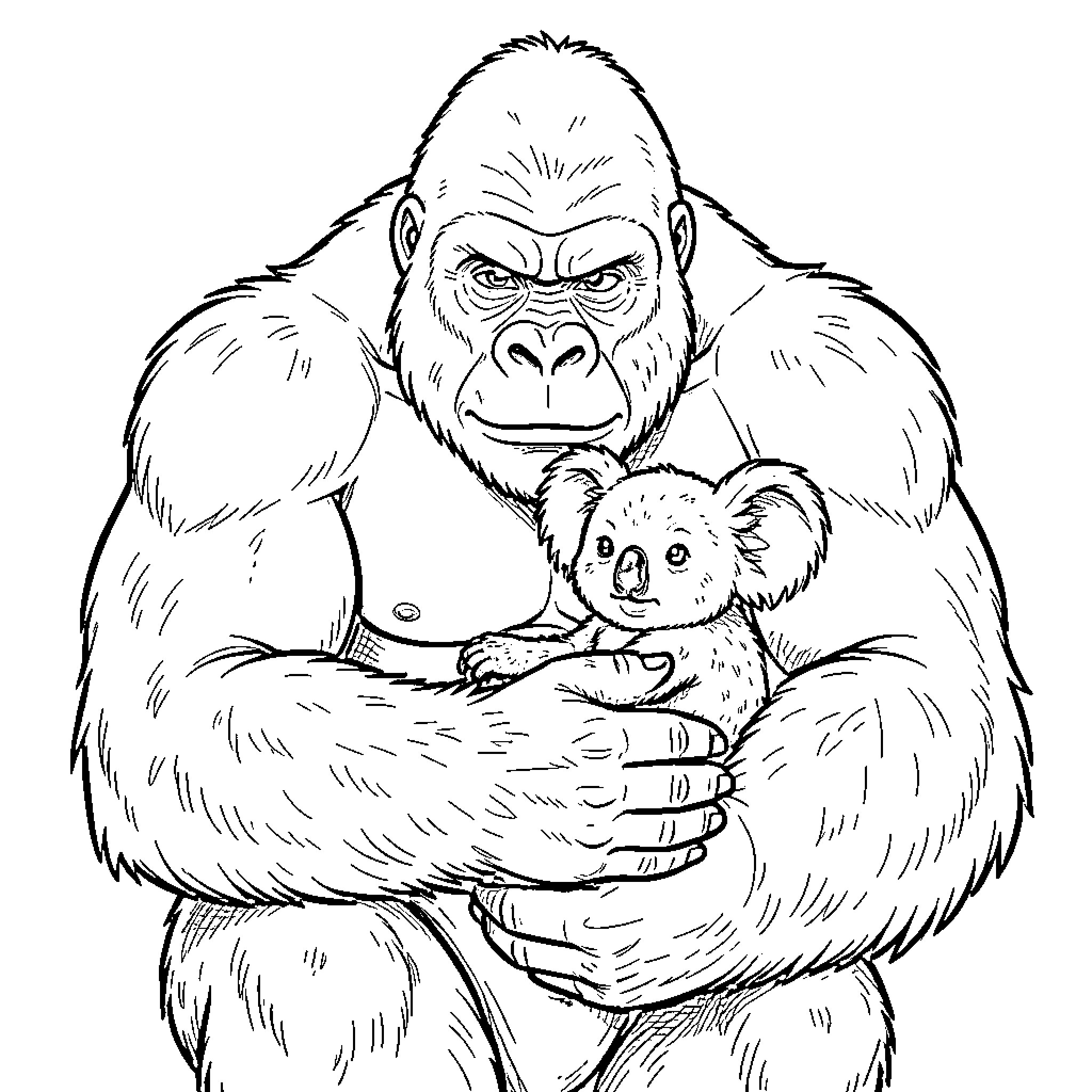 Gorilla protectively holding a baby koala Coloring Page (free black-and-white line drawing printable PDF for all, from beginners to advanced learners, including children, teens, adults, and seniors)