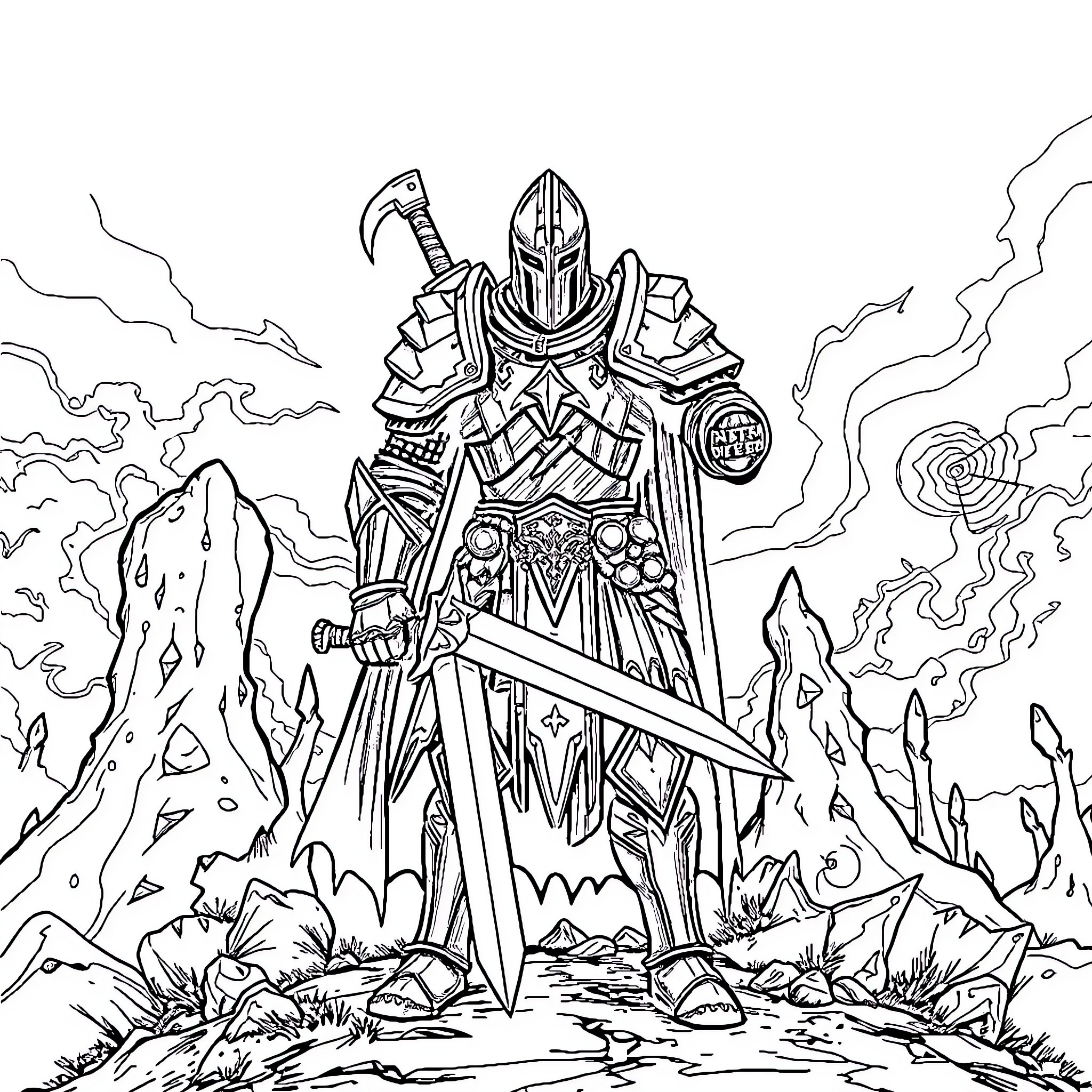 Knight in Armored Battle Stance Surrounded by Ruins Coloring Page (free black-and-white line drawing printable PDF for all, from beginners to advanced learners, including children, teens, adults, and seniors)