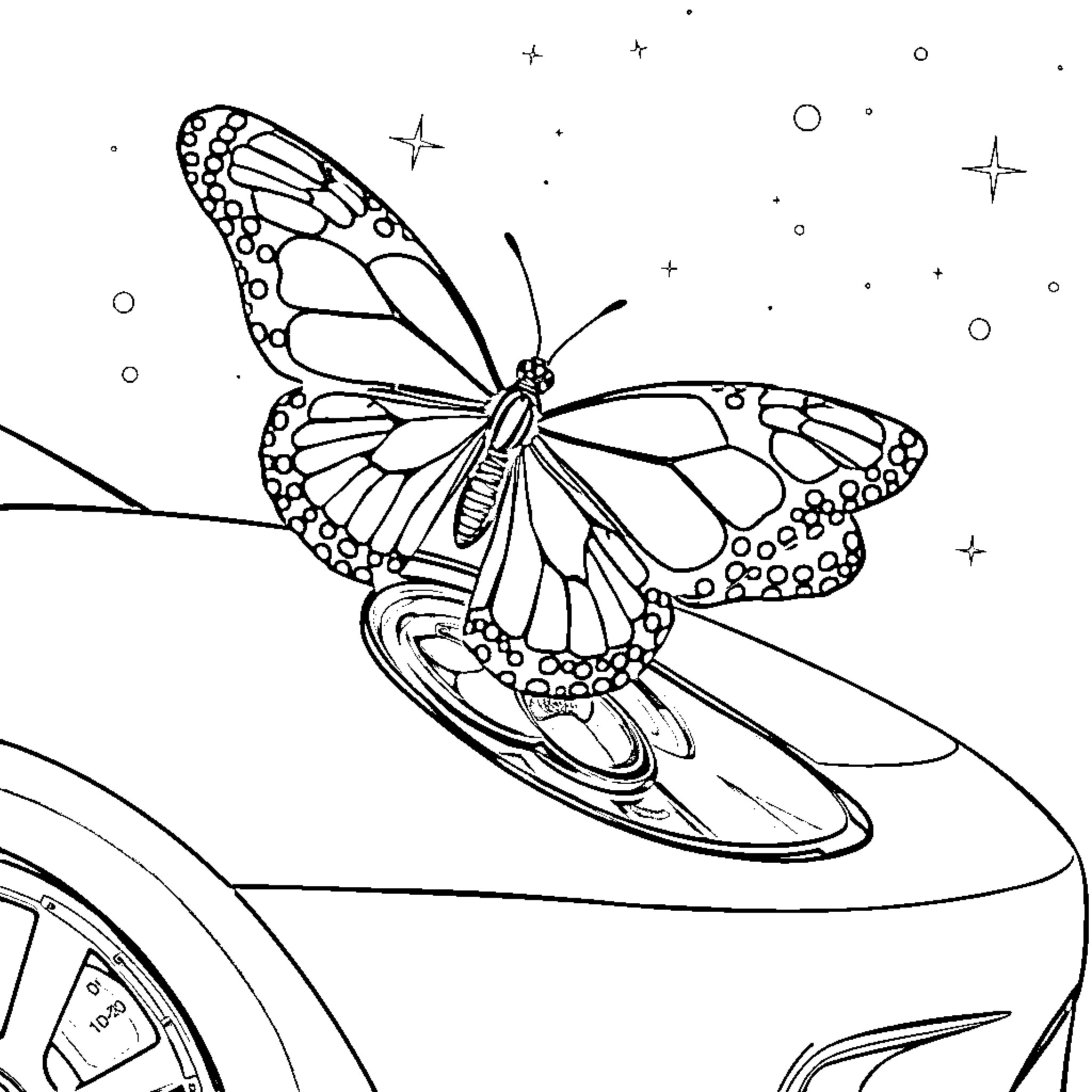 Butterfly resting on a vehicle Coloring Page (free black-and-white line drawing printable PDF for all, from beginners to advanced learners, including children, teens, adults, and seniors)