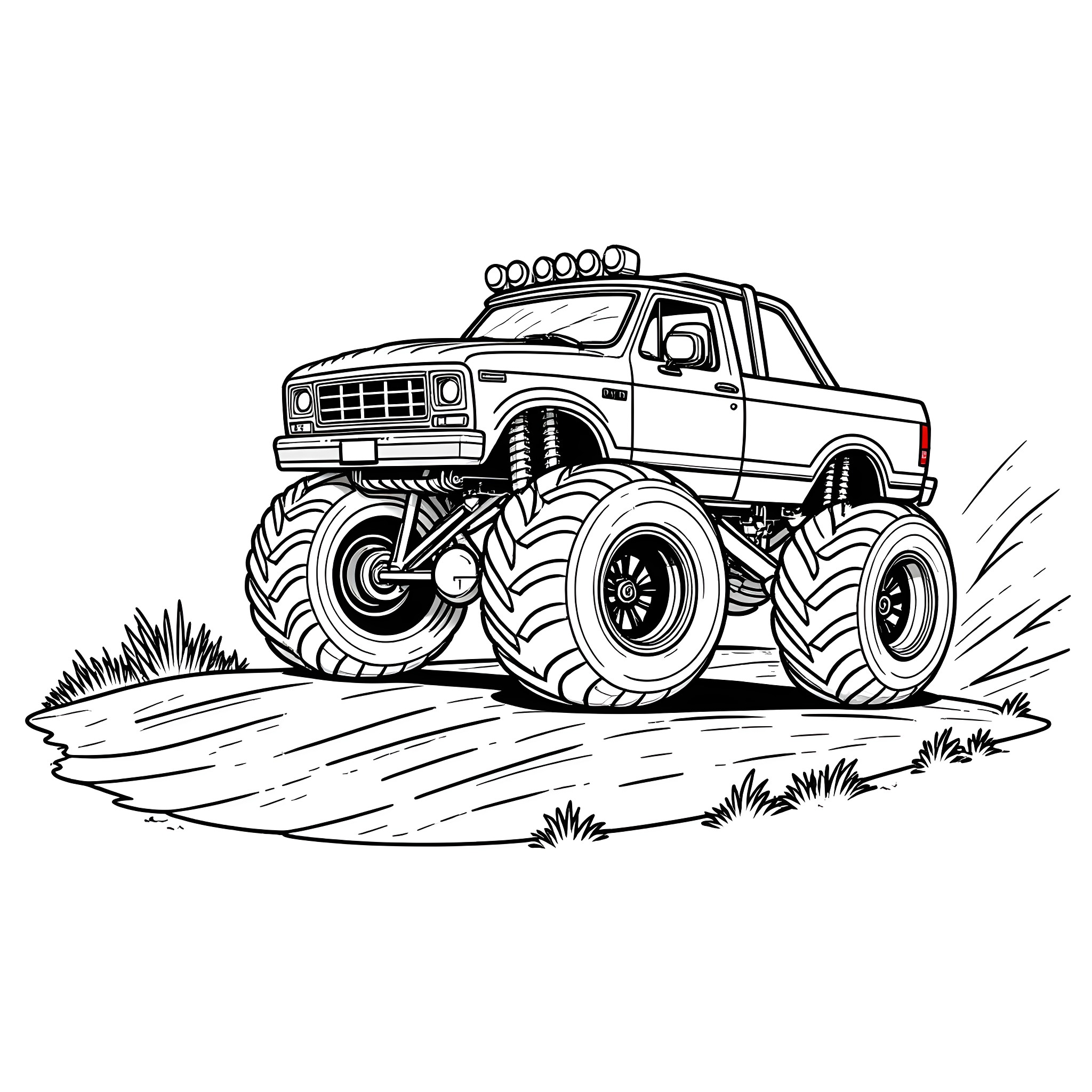 Monster Truck Crushing through the Muddy Terrain Coloring Page (free black-and-white line drawing printable PDF for all, from beginners to advanced learners, including children, teens, adults, and seniors)