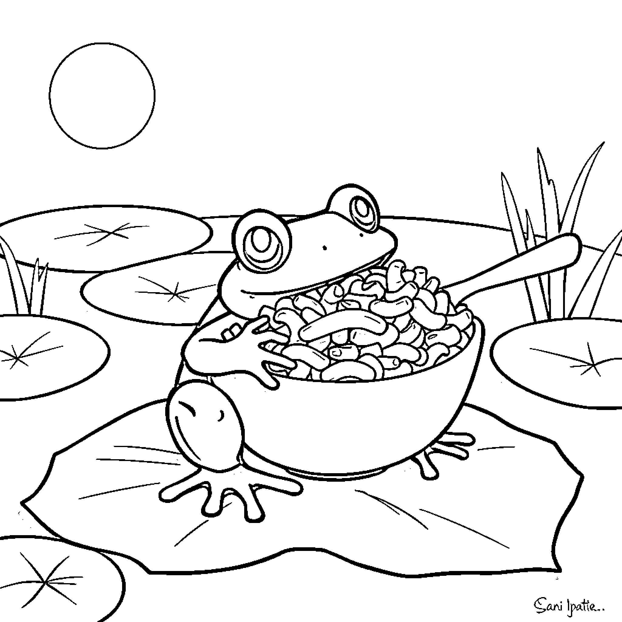 Frog sitting on a lily pad in the pond Coloring Page (free black-and-white line drawing printable PDF for all, from beginners to advanced learners, including children, teens, adults, and seniors)