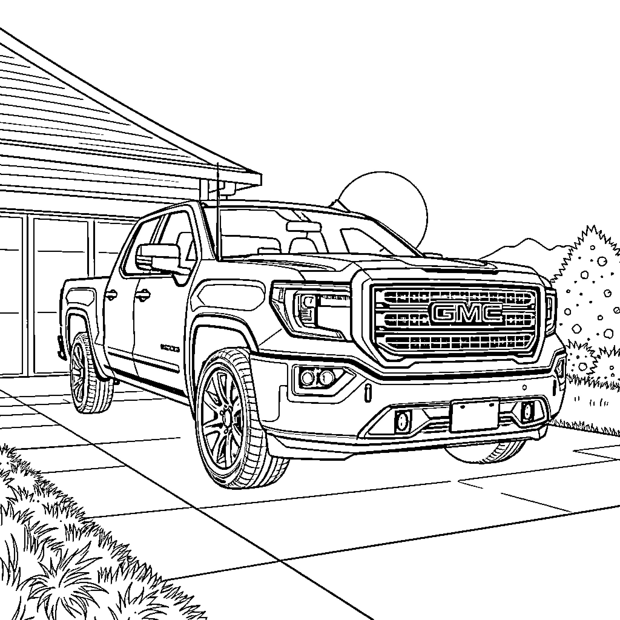GMC Pickup Truck Parked in Driveway Coloring Page (free black-and-white line drawing printable PDF for all, from beginners to advanced learners, including children, teens, adults, and seniors)