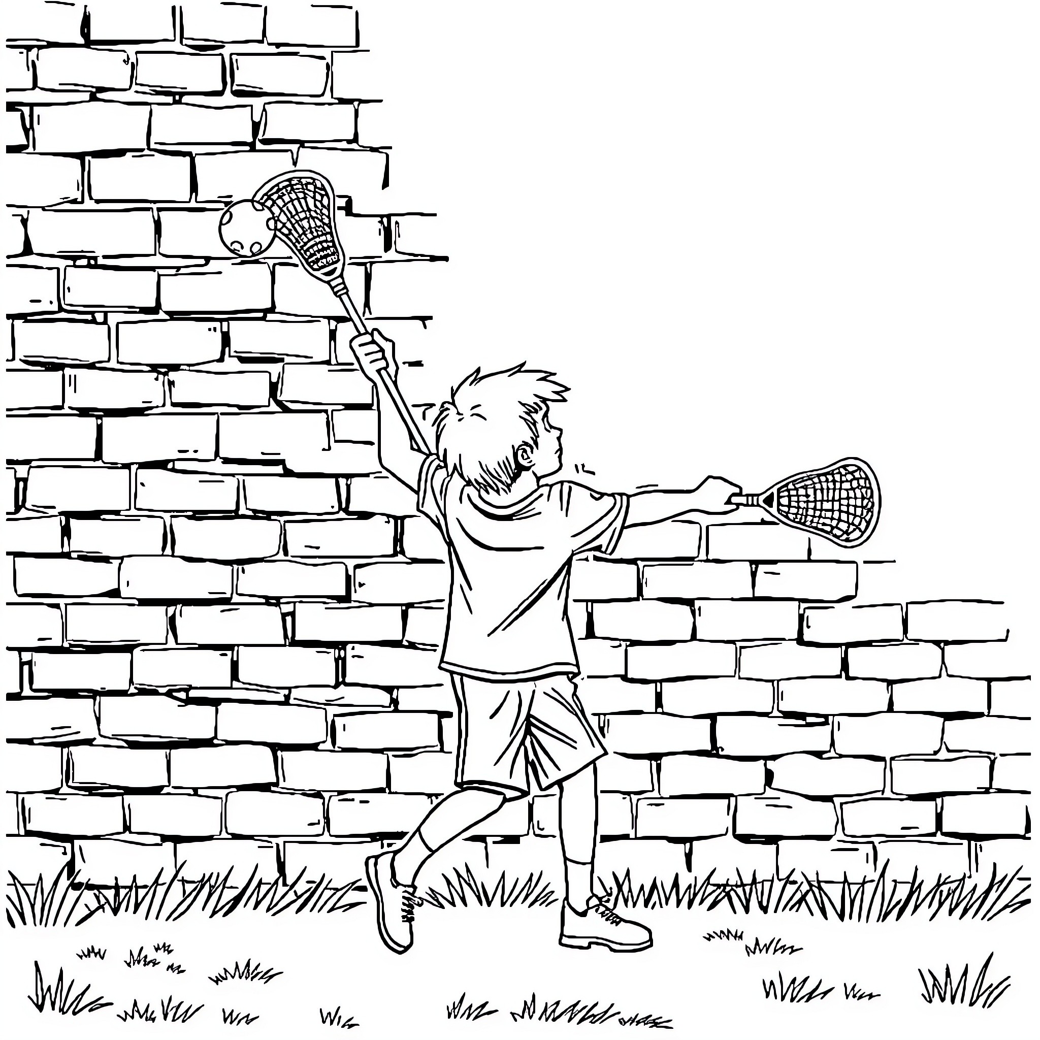 Boy playing lacrosse by a brick wall Coloring Page (free black-and-white line drawing printable PDF for all, from beginners to advanced learners, including children, teens, adults, and seniors)
