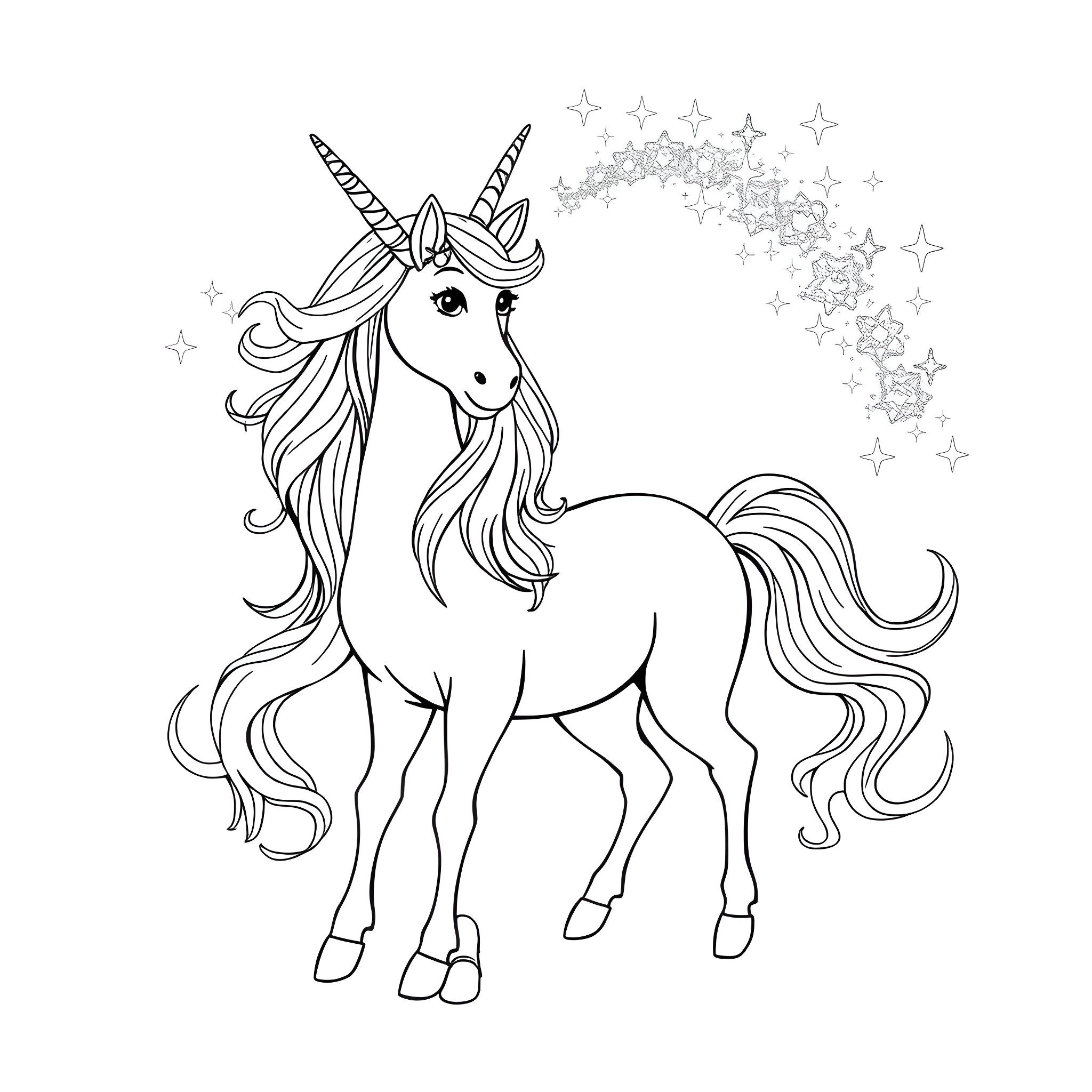 Unicorn with flowing mane and starry trail Coloring Page (free black-and-white line drawing printable PDF for all, from beginners to advanced learners, including children, teens, adults, and seniors)
