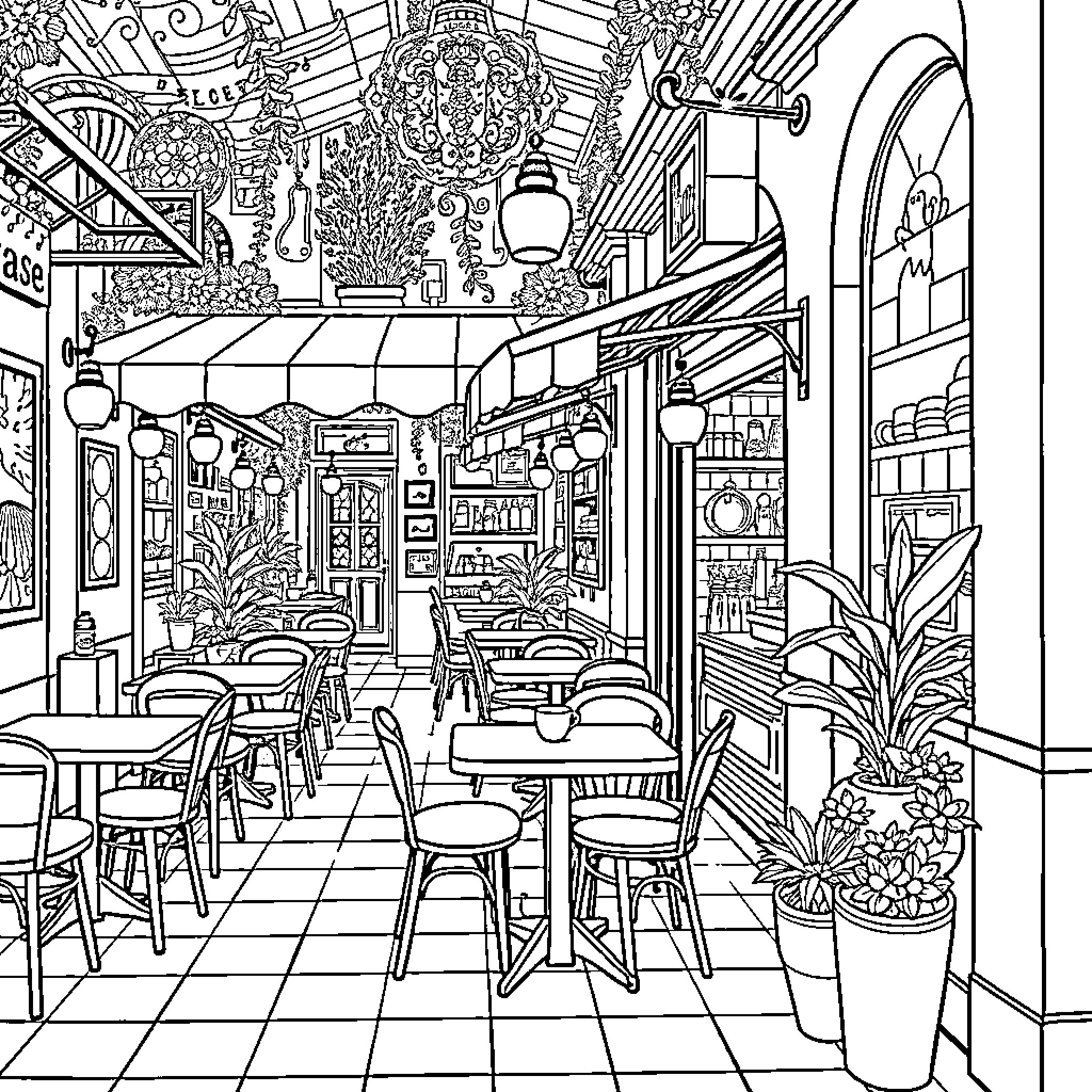 Cafe with Lively Decor and Cozy Ambiance Coloring Page (free black-and-white line drawing printable PDF for all, from beginners to advanced learners, including children, teens, adults, and seniors)