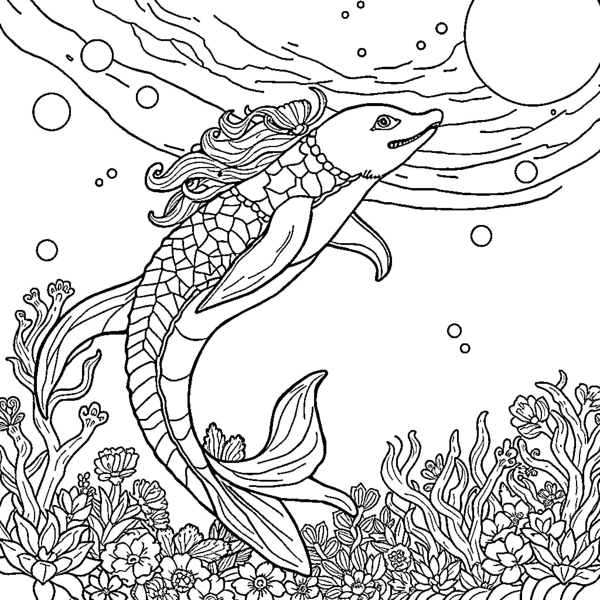 Mermaid swimming gracefully through the underwater garden Coloring Page (free black-and-white line drawing printable PDF for all, from beginners to advanced learners, including children, teens, adults, and seniors)
