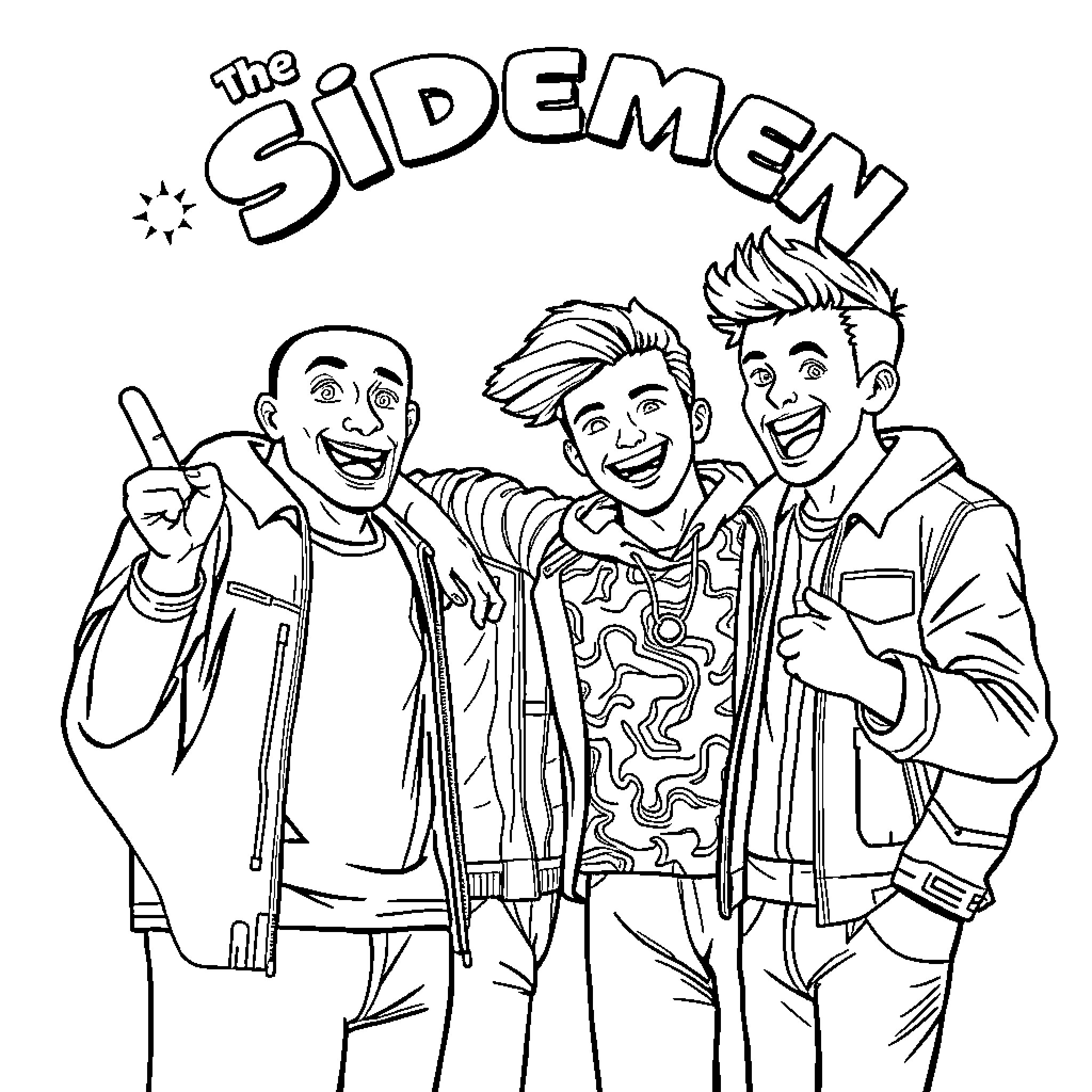 Sidemen friends posing and making gestures Coloring Page (free black-and-white line drawing printable PDF for all, from beginners to advanced learners, including children, teens, adults, and seniors)