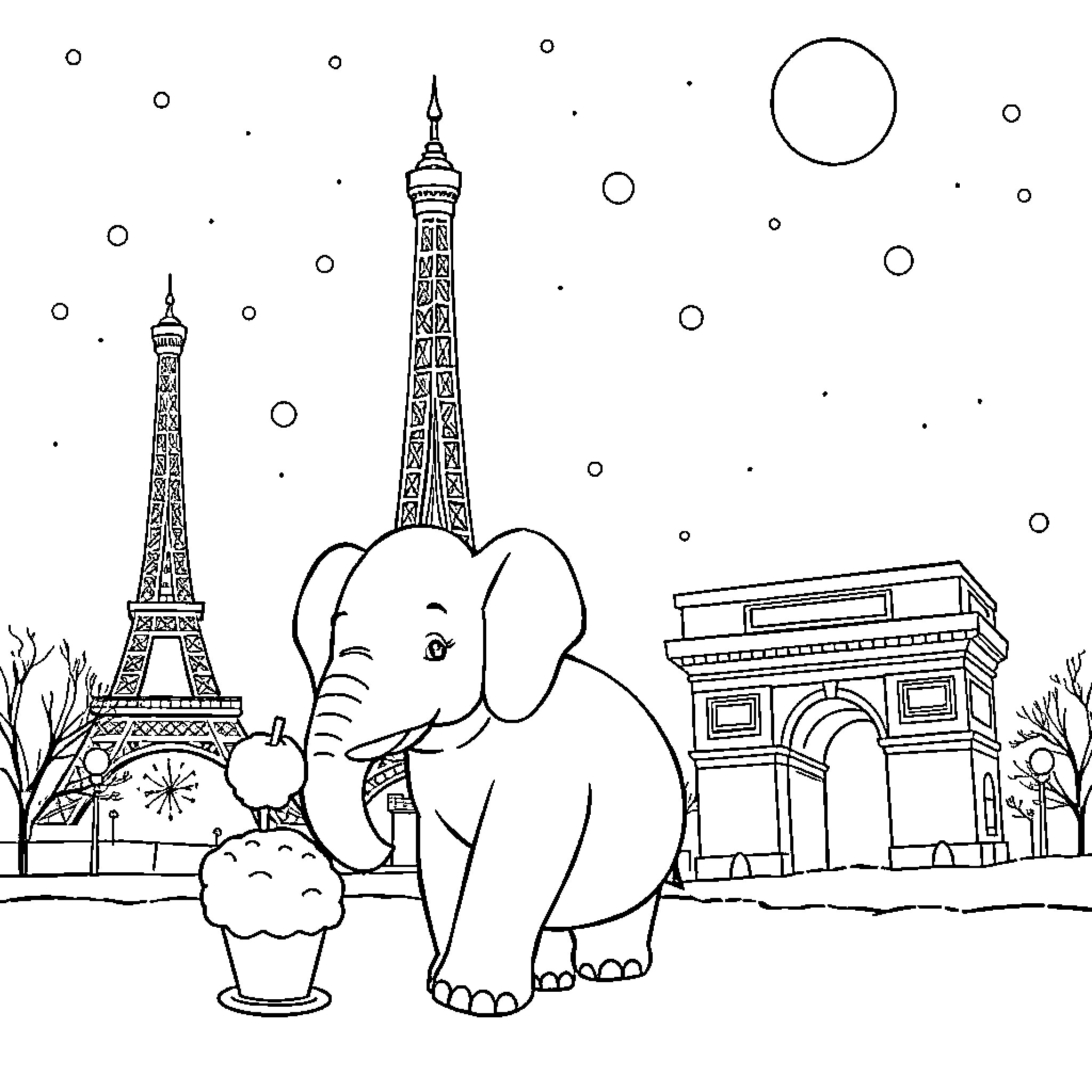 Babar explores the iconic landmarks of Paris Coloring Page (free black-and-white line drawing printable PDF for all, from beginners to advanced learners, including children, teens, adults, and seniors)