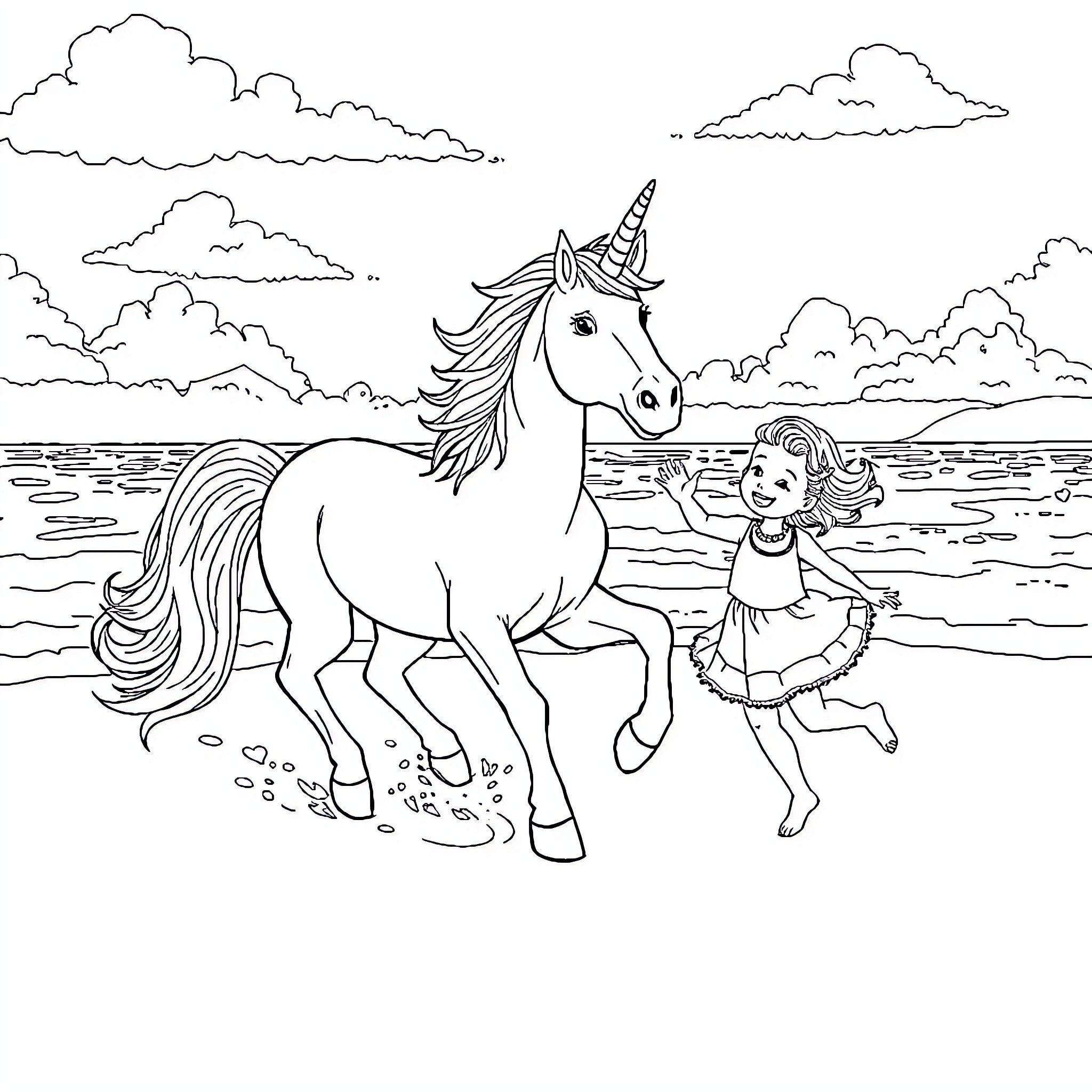 Unicorn and Girl Playing by the Sea Coloring Page (free black-and-white line drawing printable PDF for all, from beginners to advanced learners, including children, teens, adults, and seniors)