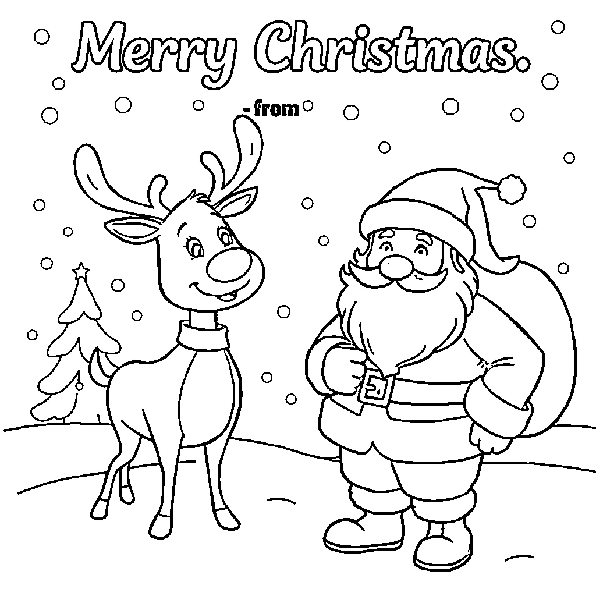 Reindeer and Santa Claus in snowy scene Coloring Page (free black-and-white line drawing printable PDF for all, from beginners to advanced learners, including children, teens, adults, and seniors)