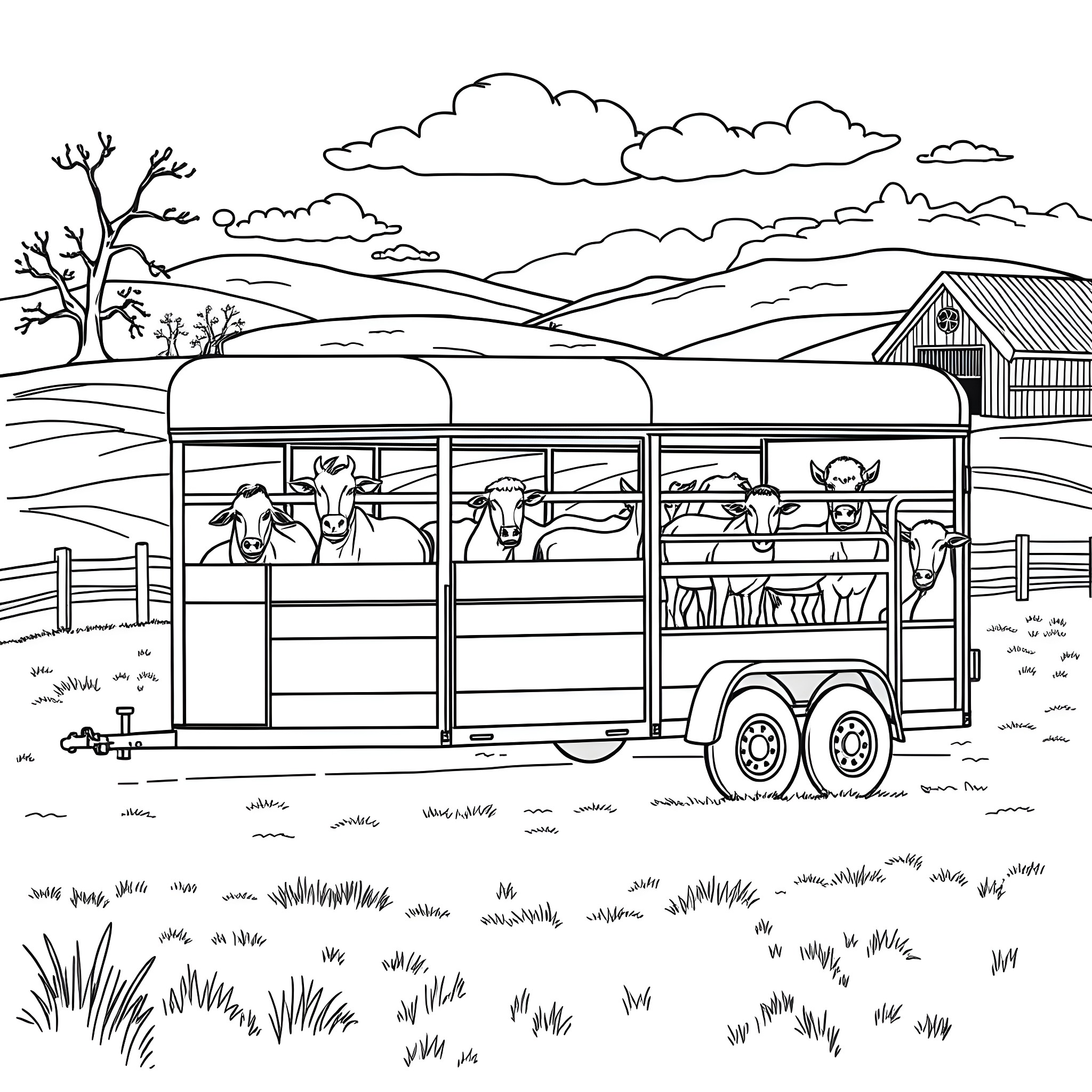 Livestock Trailer Transporting Farm Animals in Rural Countryside Coloring Page (free black-and-white line drawing printable PDF for all, from beginners to advanced learners, including children, teens, adults, and seniors)