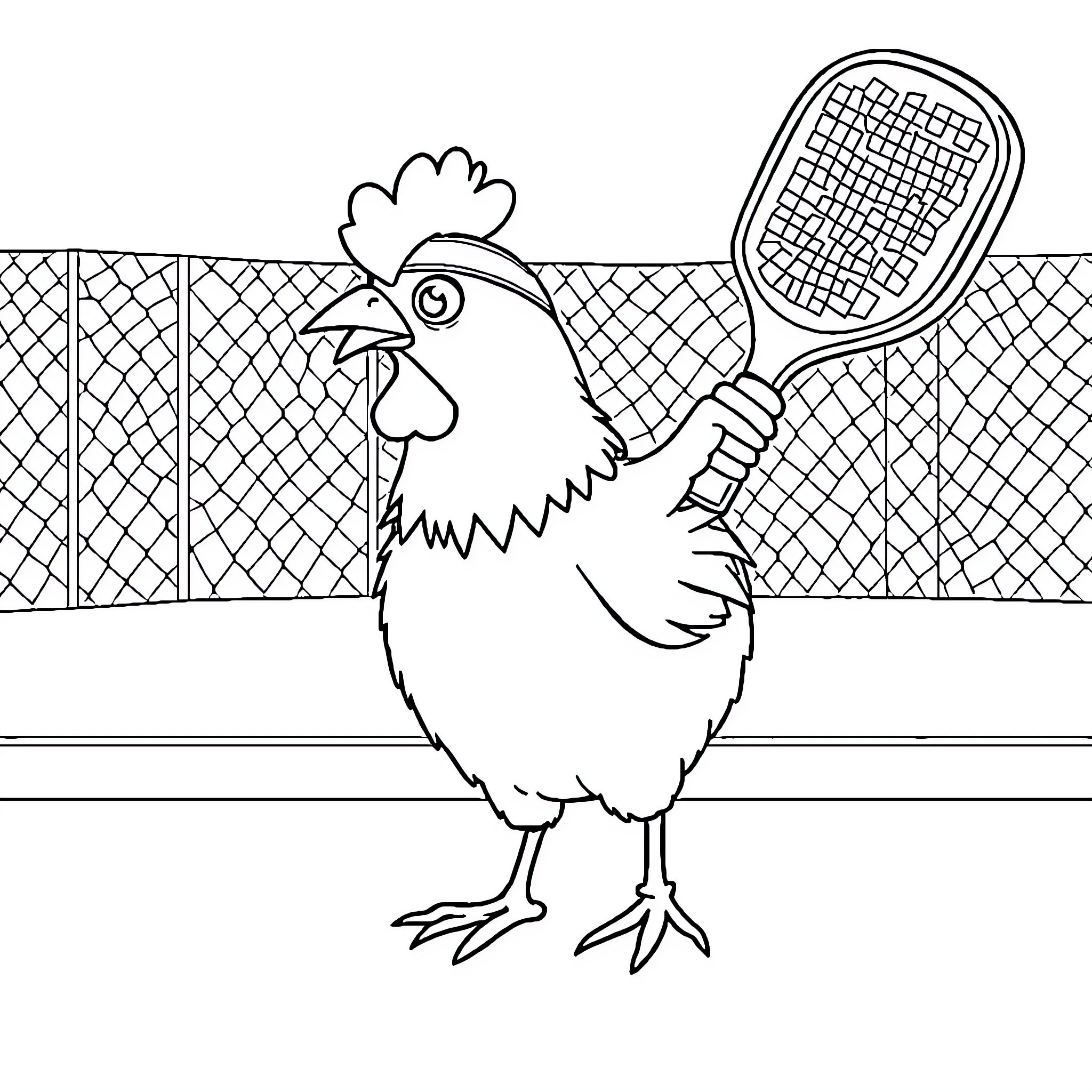 Chicken playing with tennis racket near fence Coloring Page (free black-and-white line drawing printable PDF for all, from beginners to advanced learners, including children, teens, adults, and seniors)