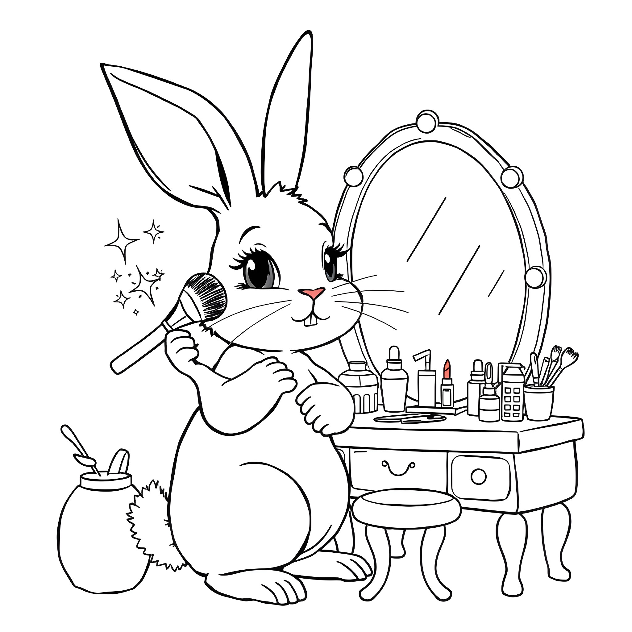 Rabbit Applying Makeup in Front of a Mirror Coloring Page (free black-and-white line drawing printable PDF for all, from beginners to advanced learners, including children, teens, adults, and seniors)