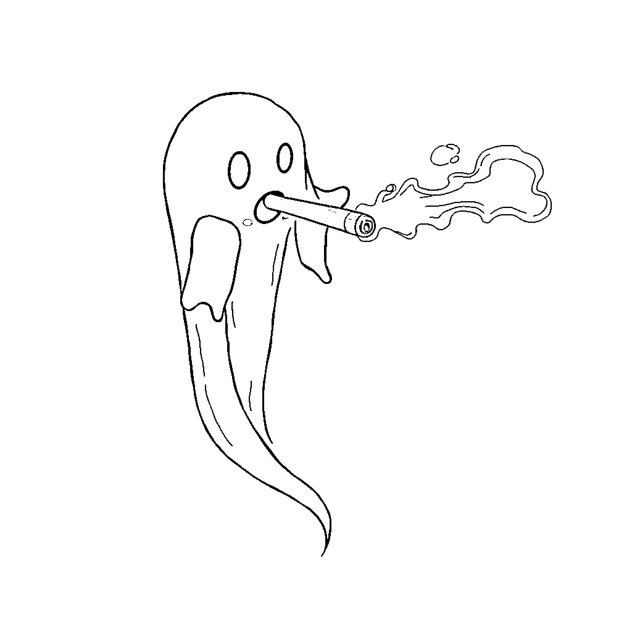Ghost blowing smoke from pipe Coloring Page (free black-and-white line drawing printable PDF for all, from beginners to advanced learners, including children, teens, adults, and seniors)