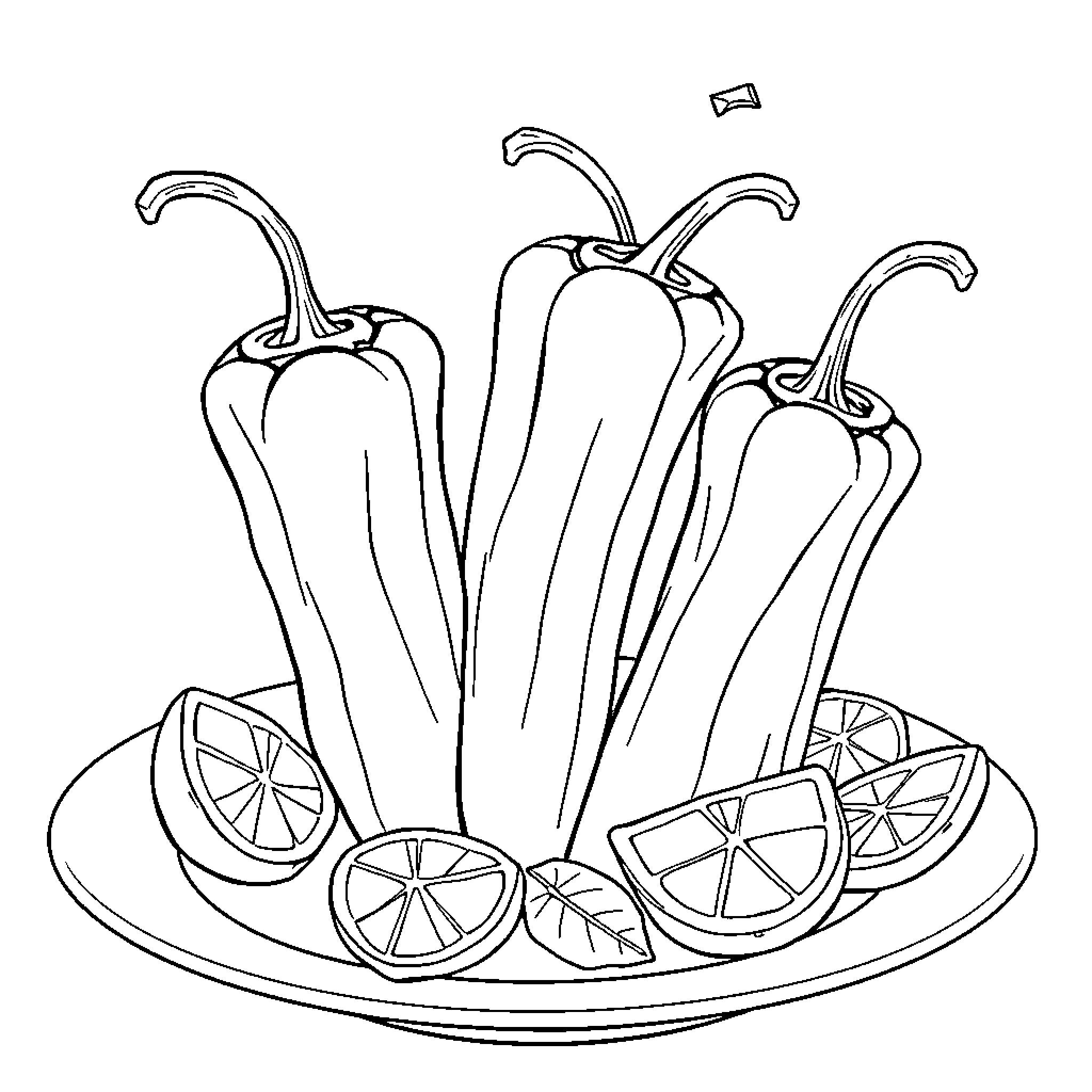 Pepino Peppers Displayed on Plate Coloring Page (free black-and-white line drawing printable PDF for all, from beginners to advanced learners, including children, teens, adults, and seniors)