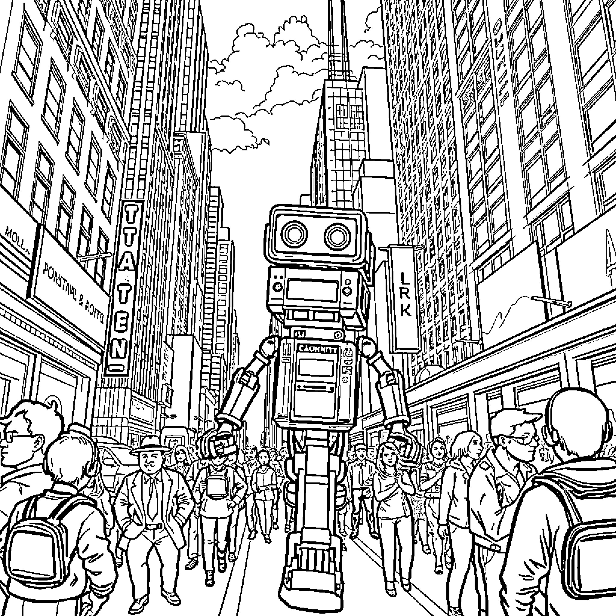 Johnny 5 exploring the bustling city streets Coloring Page (free black-and-white line drawing printable PDF for all, from beginners to advanced learners, including children, teens, adults, and seniors)