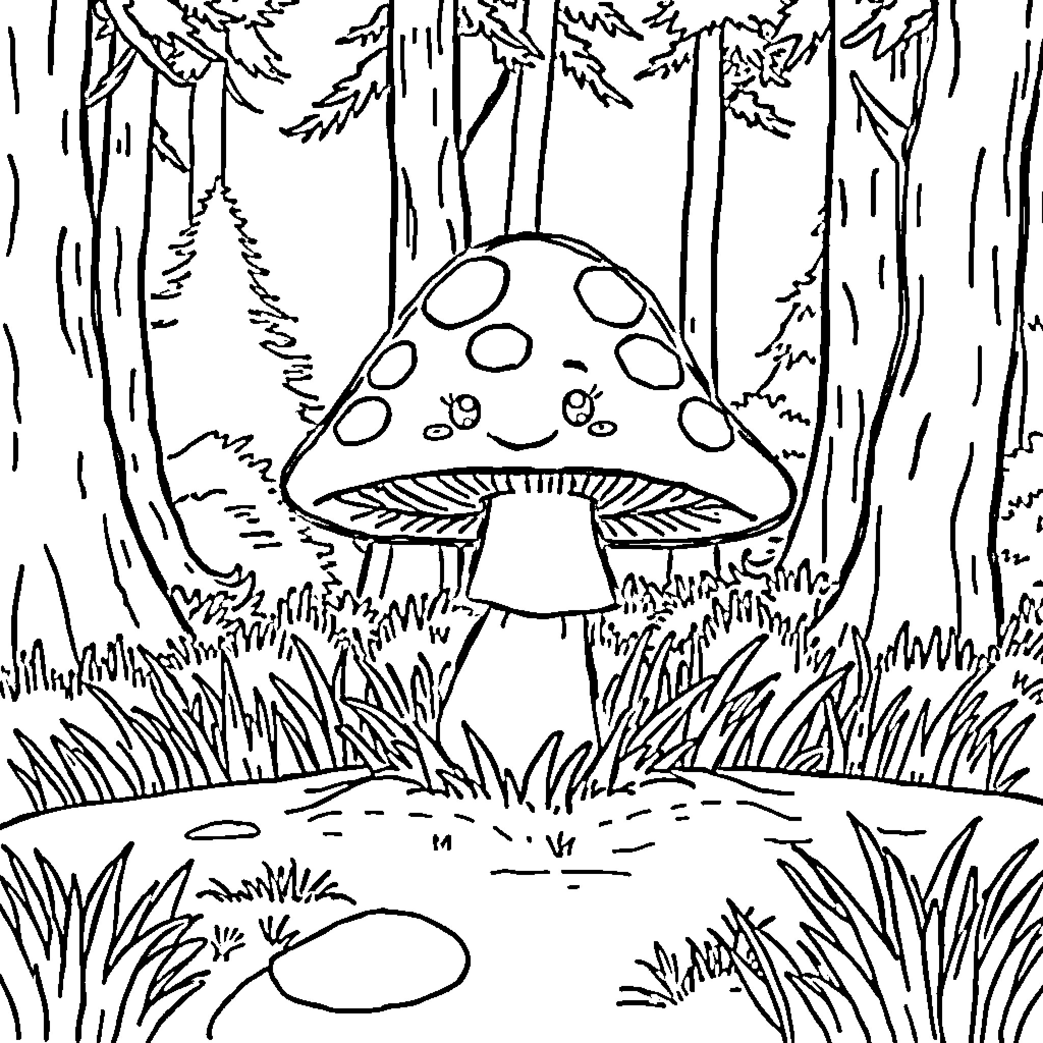 Mushroom in the enchanting forest Coloring Page (free black-and-white line drawing printable PDF for all, from beginners to advanced learners, including children, teens, adults, and seniors)