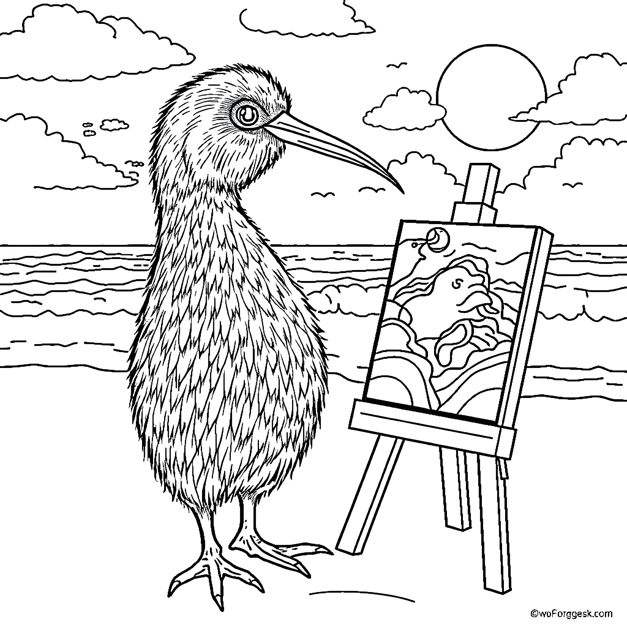 Kiwi bird painting a seascape on an easel Coloring Page (free black-and-white line drawing printable PDF for all, from beginners to advanced learners, including children, teens, adults, and seniors)