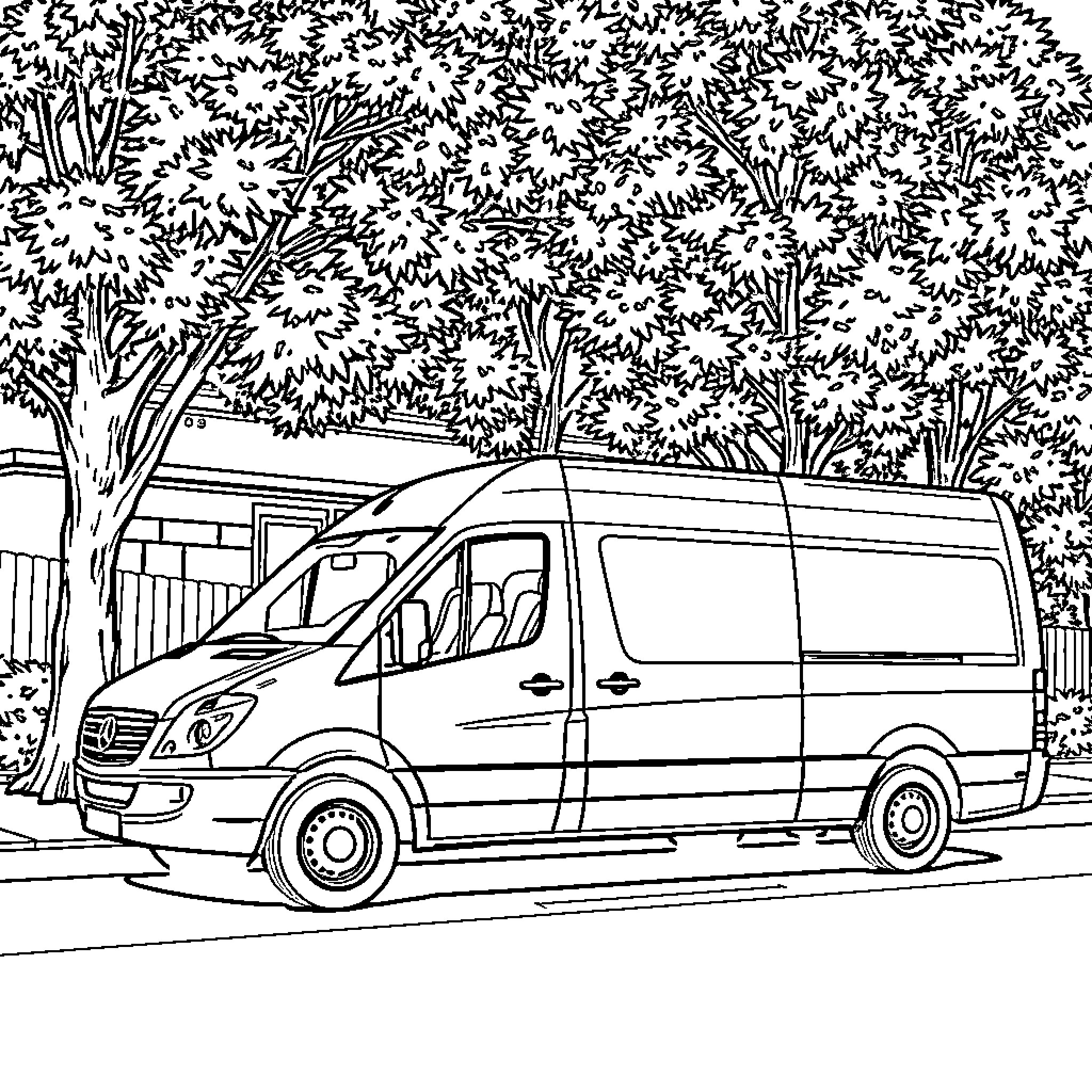Van parked on the street with trees Coloring Page (free black-and-white line drawing printable PDF for all, from beginners to advanced learners, including children, teens, adults, and seniors)