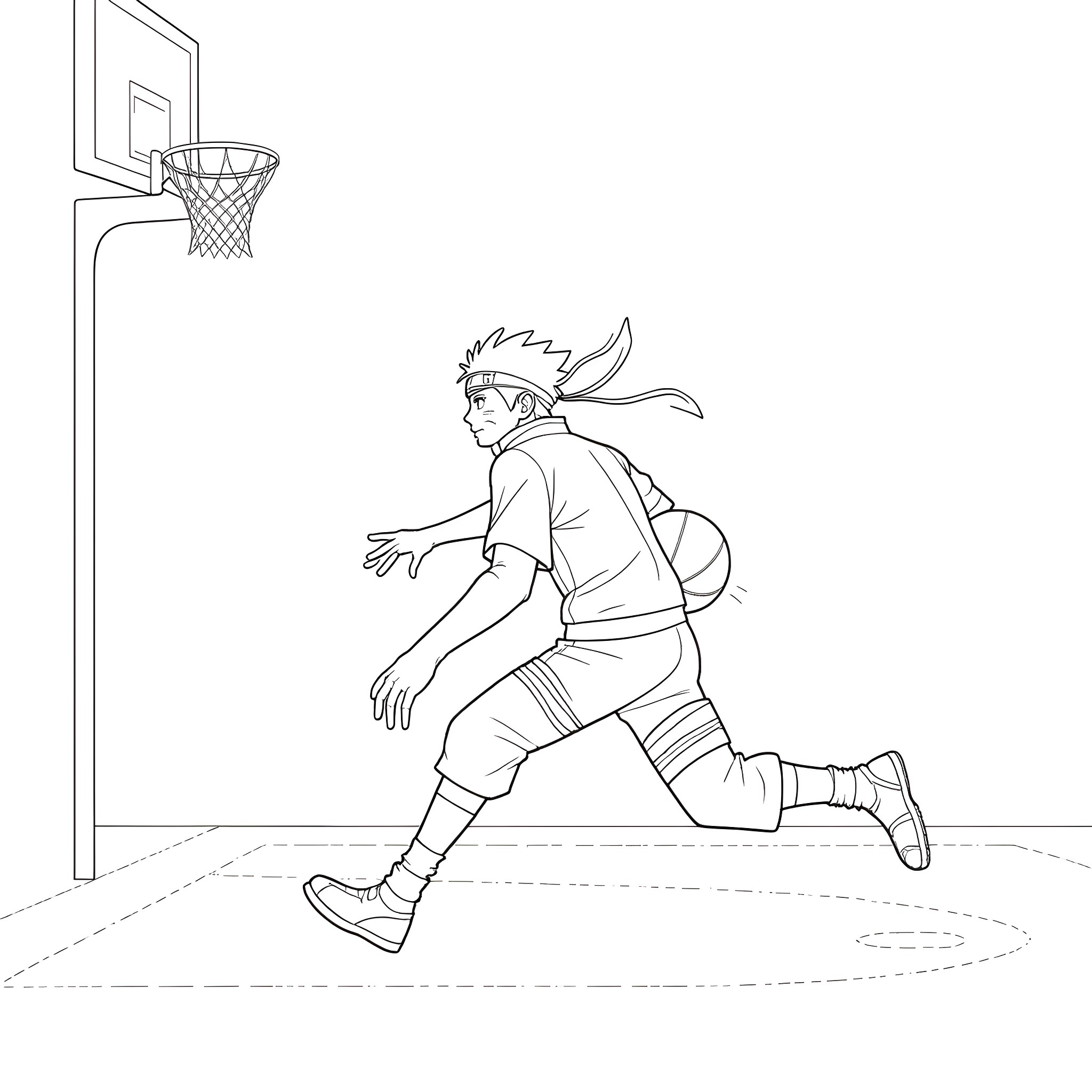 Naruto playing basketball with determination Coloring Page (free black-and-white line drawing printable PDF for all, from beginners to advanced learners, including children, teens, adults, and seniors)