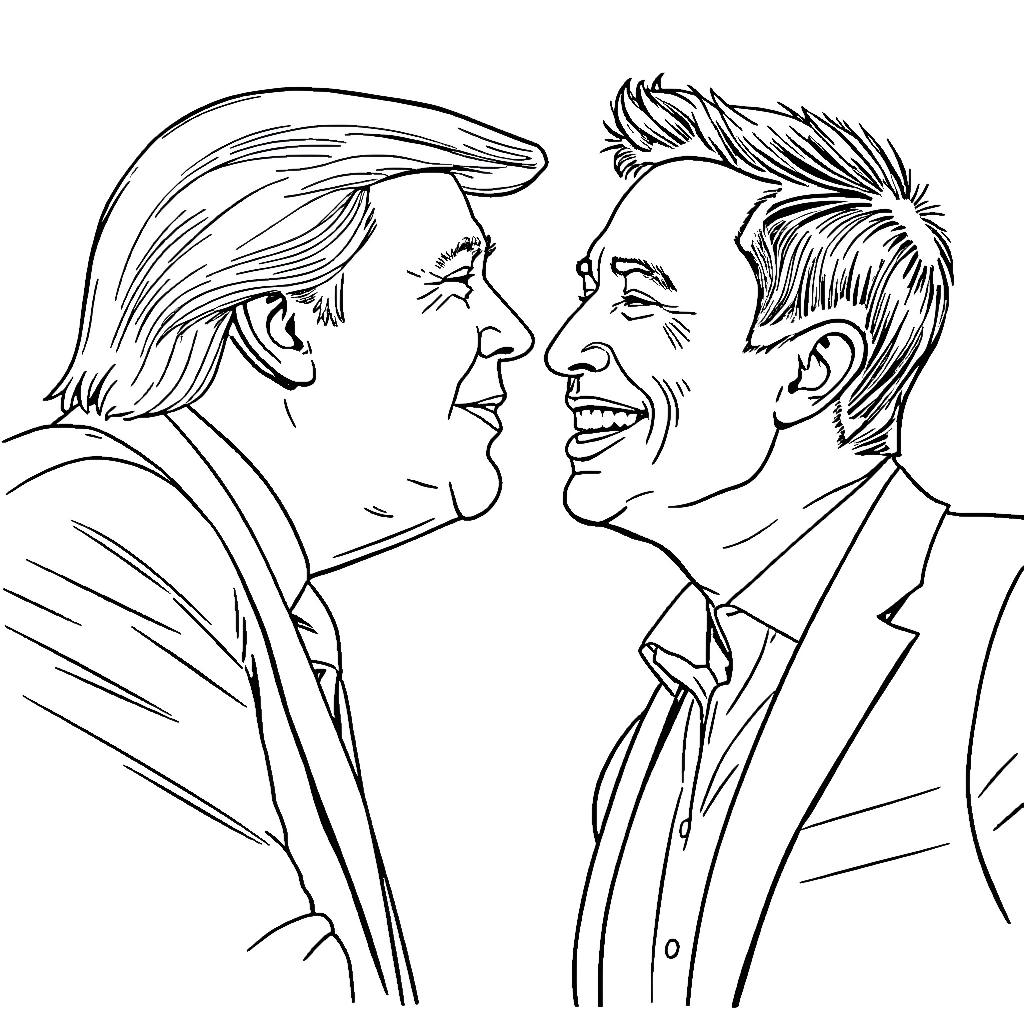 Trump and Biden Debating Fiercely Coloring Page (free black-and-white line drawing printable PDF for all, from beginners to advanced learners, including children, teens, adults, and seniors)