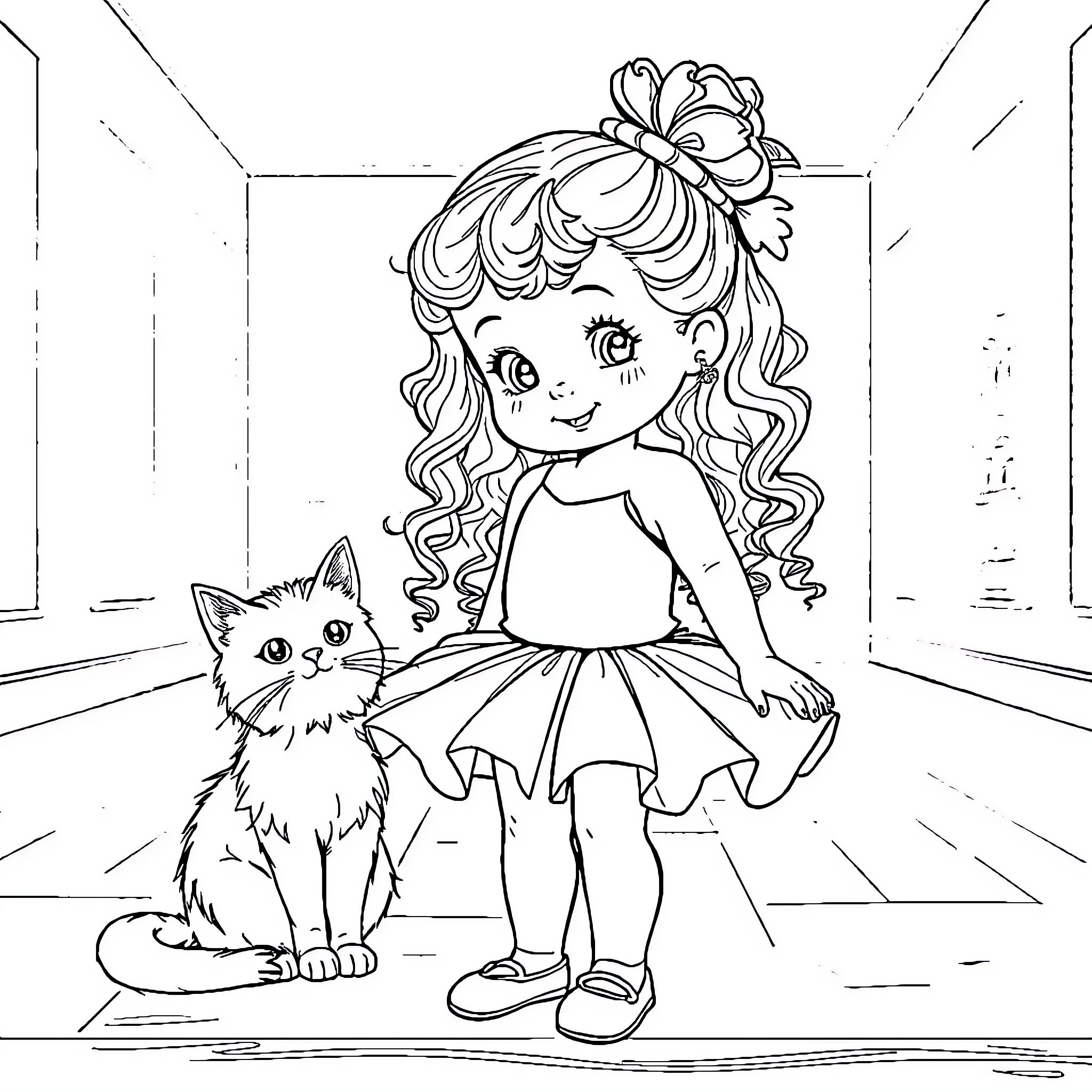Girl playing with her pet cat Coloring Page (free black-and-white line drawing printable PDF for all, from beginners to advanced learners, including children, teens, adults, and seniors)