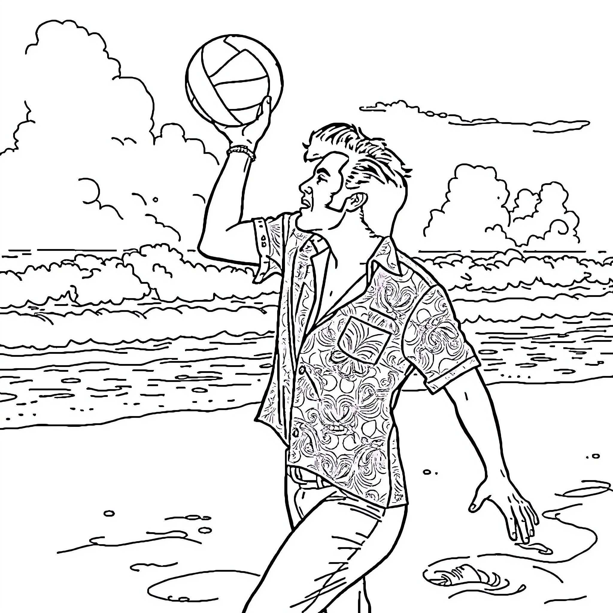 Elvis enjoying a beach volleyball game on a sunny day Coloring Page (free black-and-white line drawing printable PDF for all, from beginners to advanced learners, including children, teens, adults, and seniors)