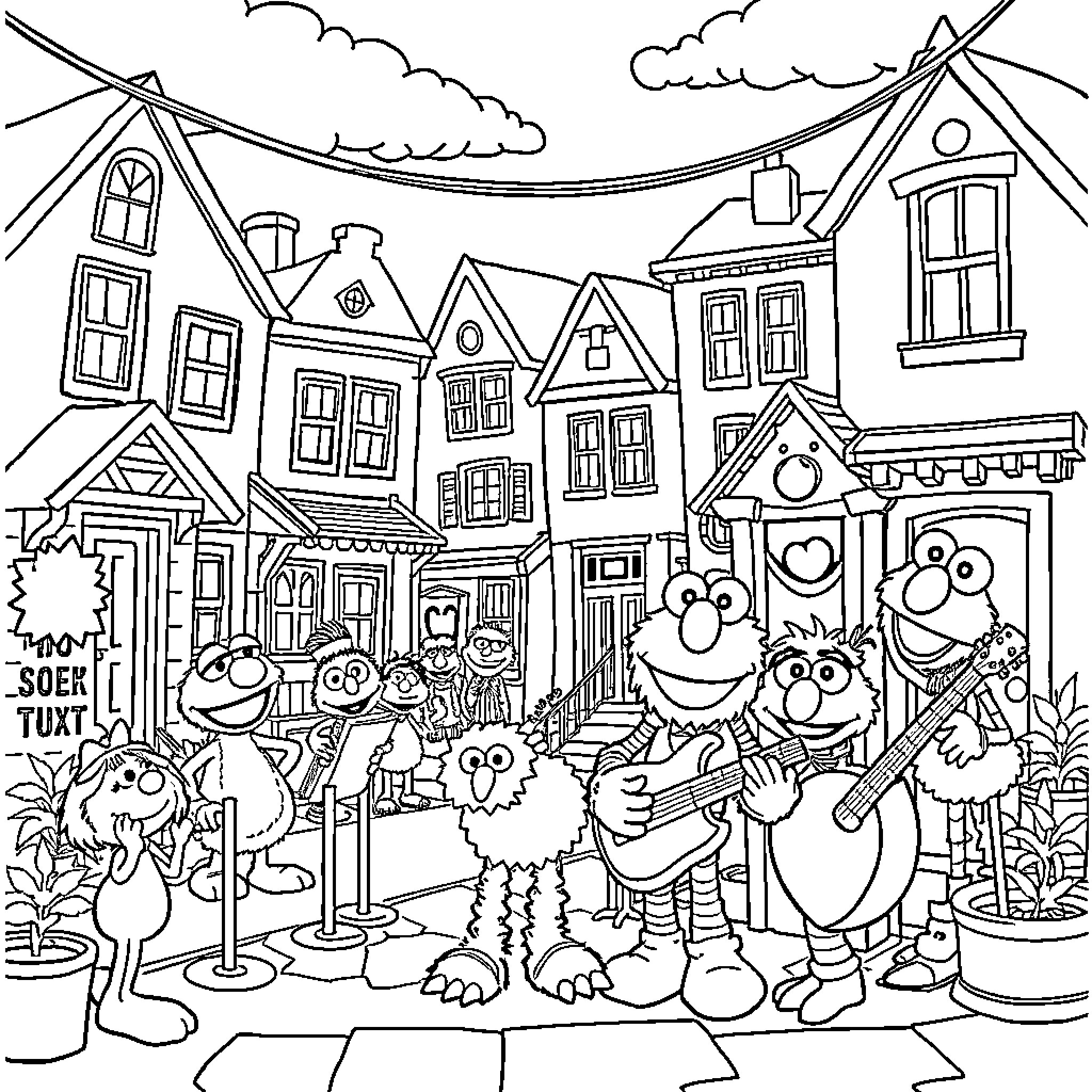 Sesame Street Characters Enjoying a Lively Outdoor Scene Coloring Page (free black-and-white line drawing printable PDF for all, from beginners to advanced learners, including children, teens, adults, and seniors)