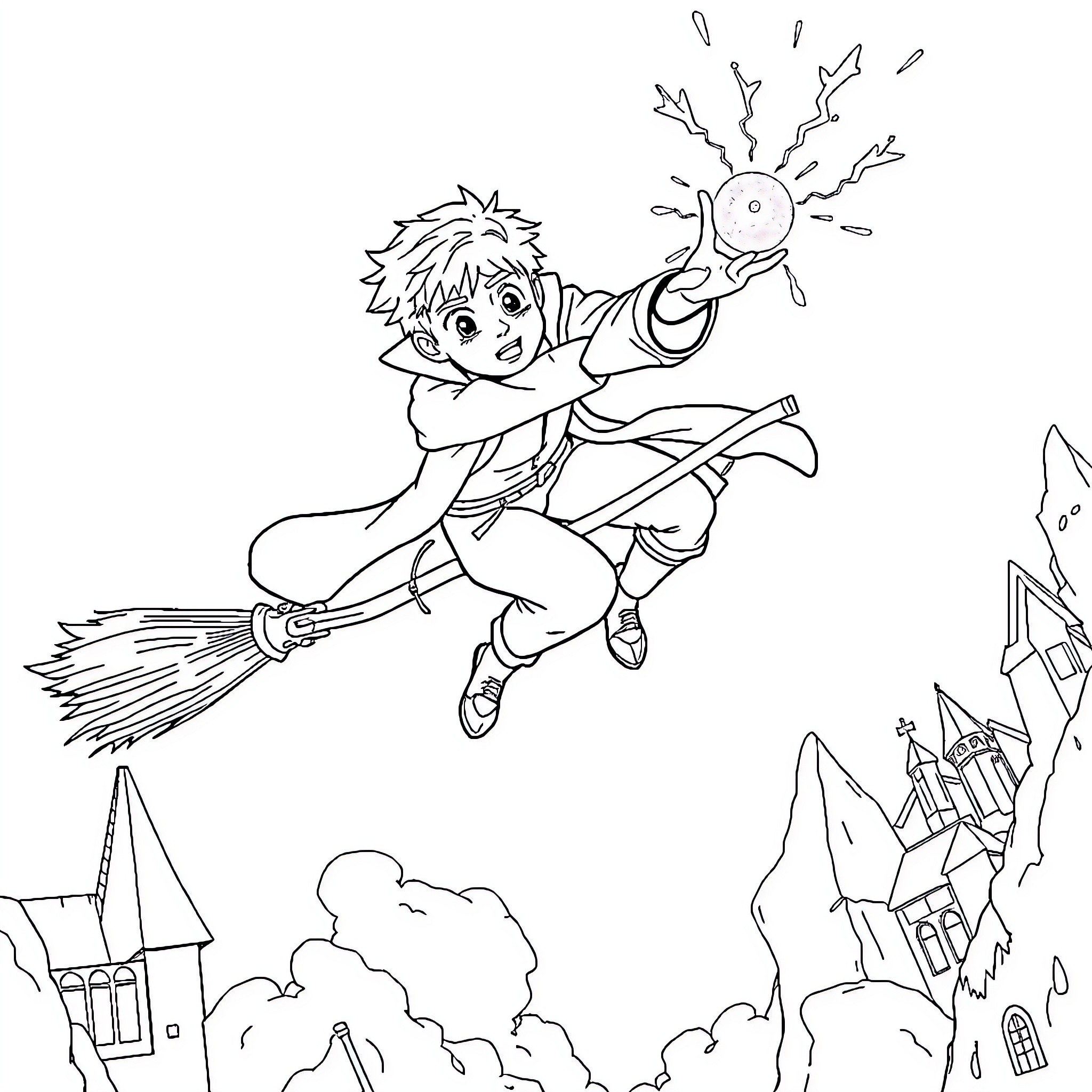 Draco Malfoy flying on a broomstick with magical sparks Coloring Page (free black-and-white line drawing printable PDF for all, from beginners to advanced learners, including children, teens, adults, and seniors)