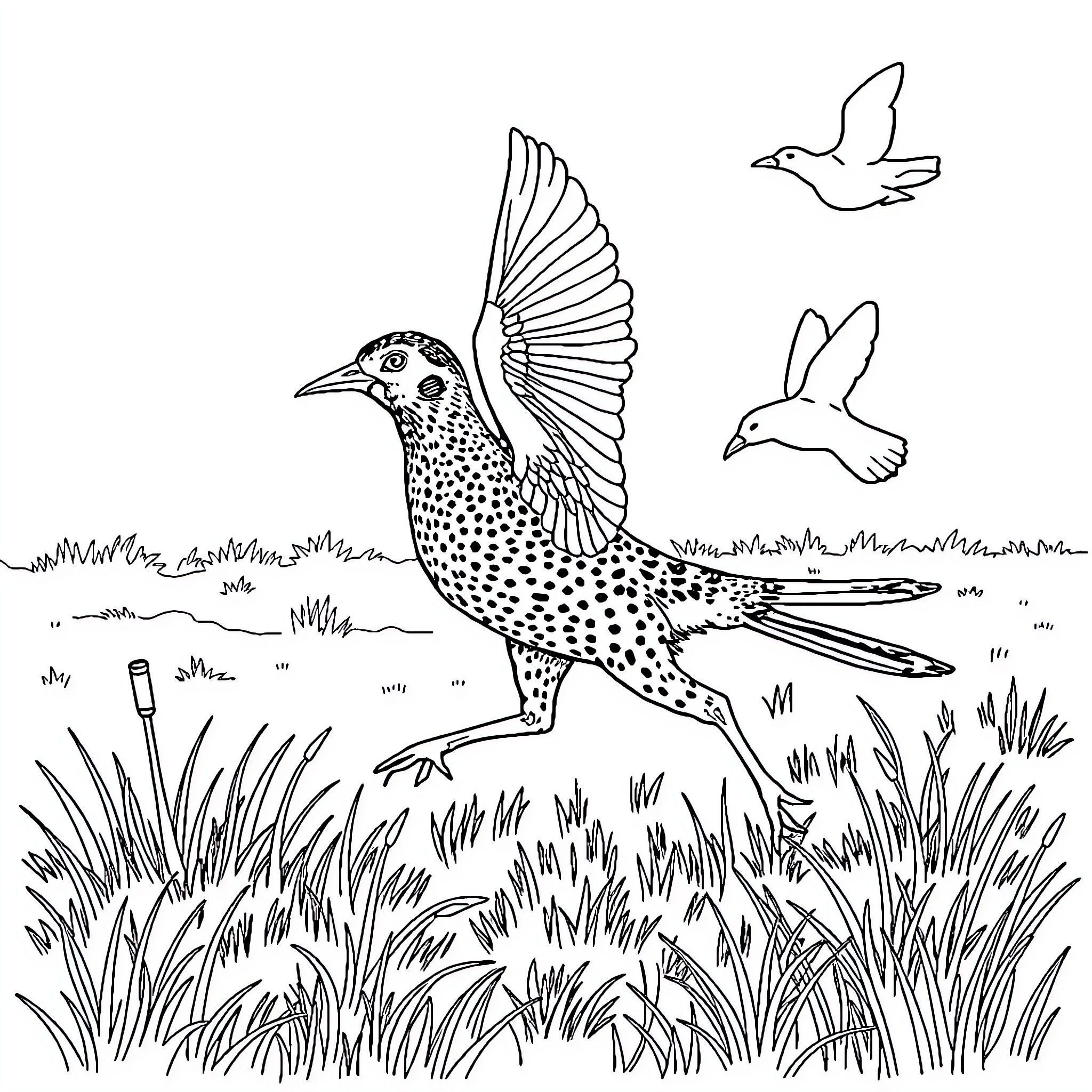 Pointer: Spotted bird with wings outstretched in grass field Coloring Page (free black-and-white line drawing printable PDF for all, from beginners to advanced learners, including children, teens, adults, and seniors)