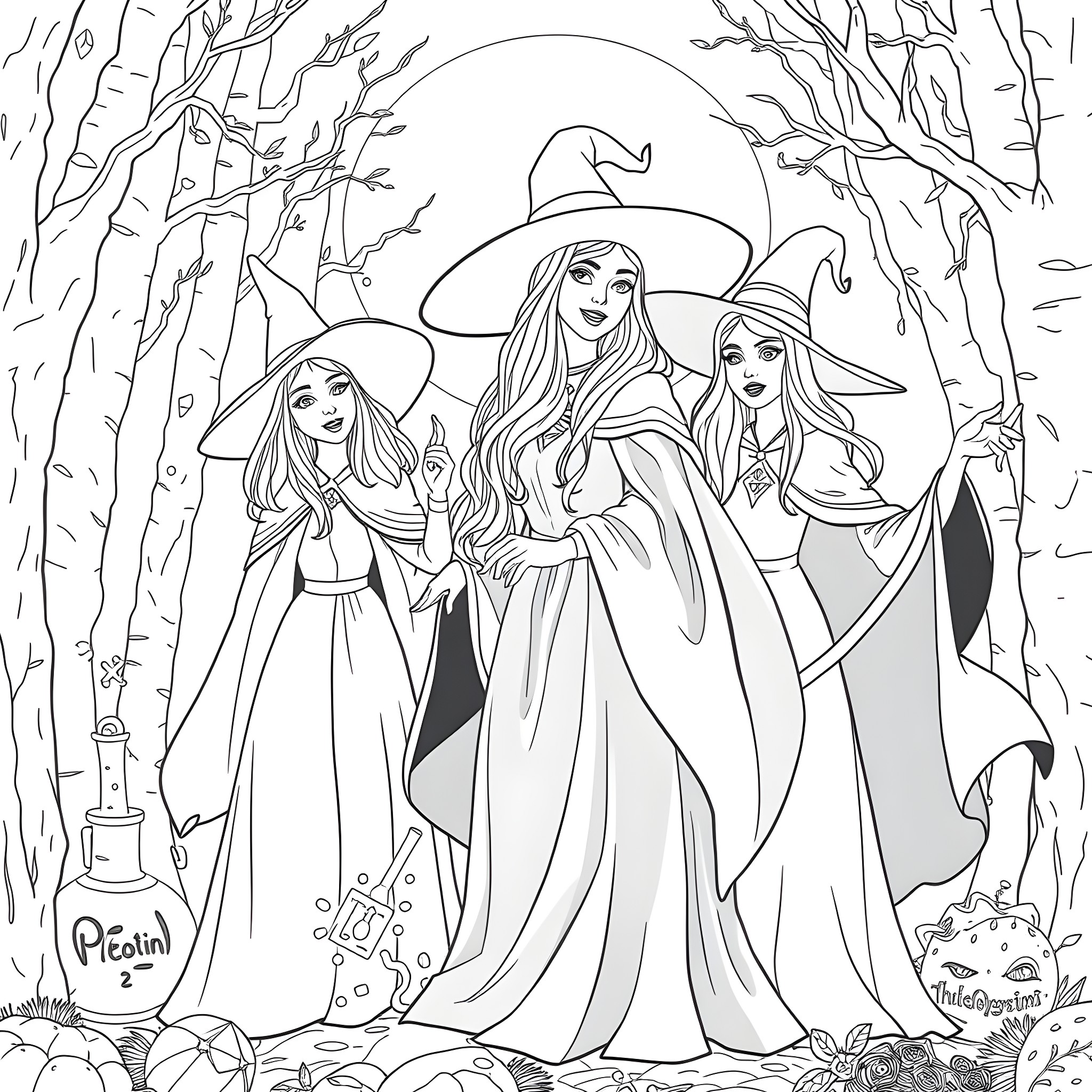 Sanderson Sisters in Enchanted Forest Coloring Page (free black-and-white line drawing printable PDF for all, from beginners to advanced learners, including children, teens, adults, and seniors)