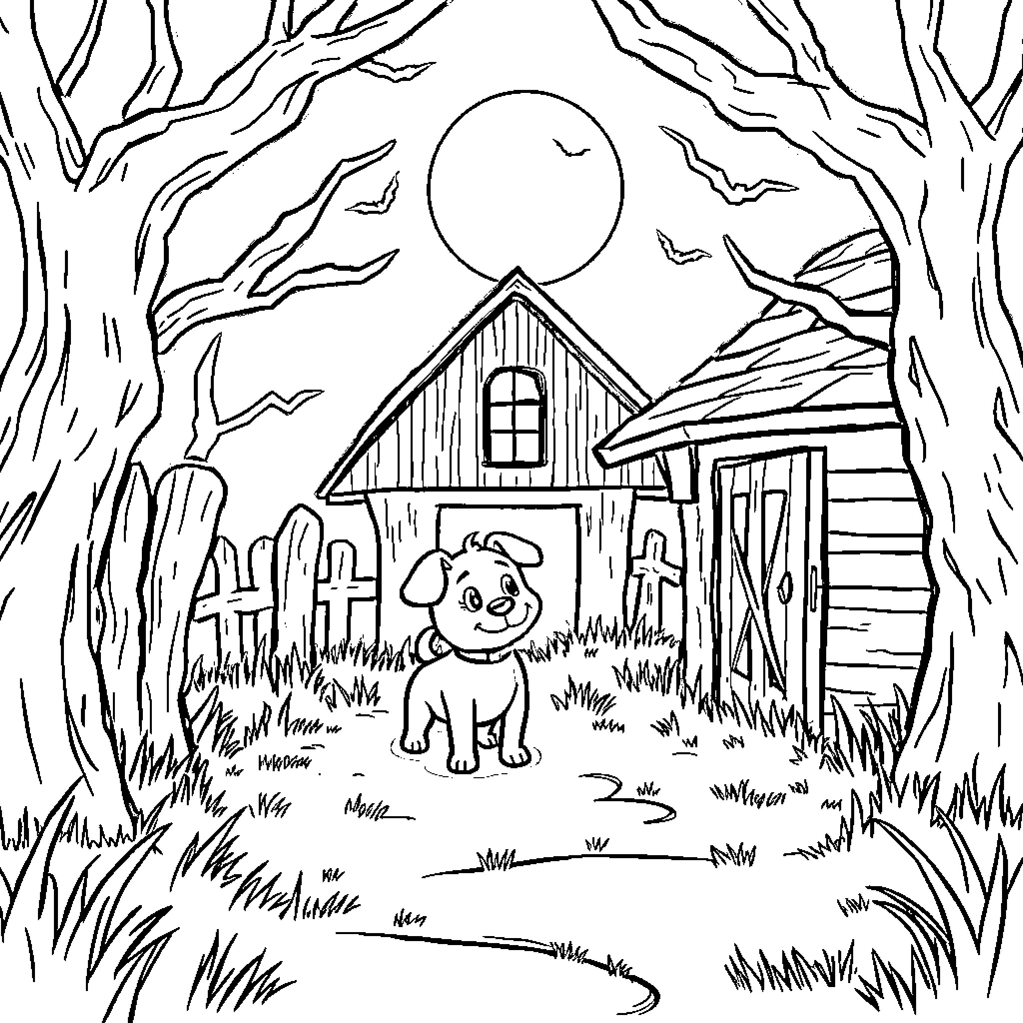Courage in the Haunting Forest Coloring Page (free black-and-white line drawing printable PDF for all, from beginners to advanced learners, including children, teens, adults, and seniors)