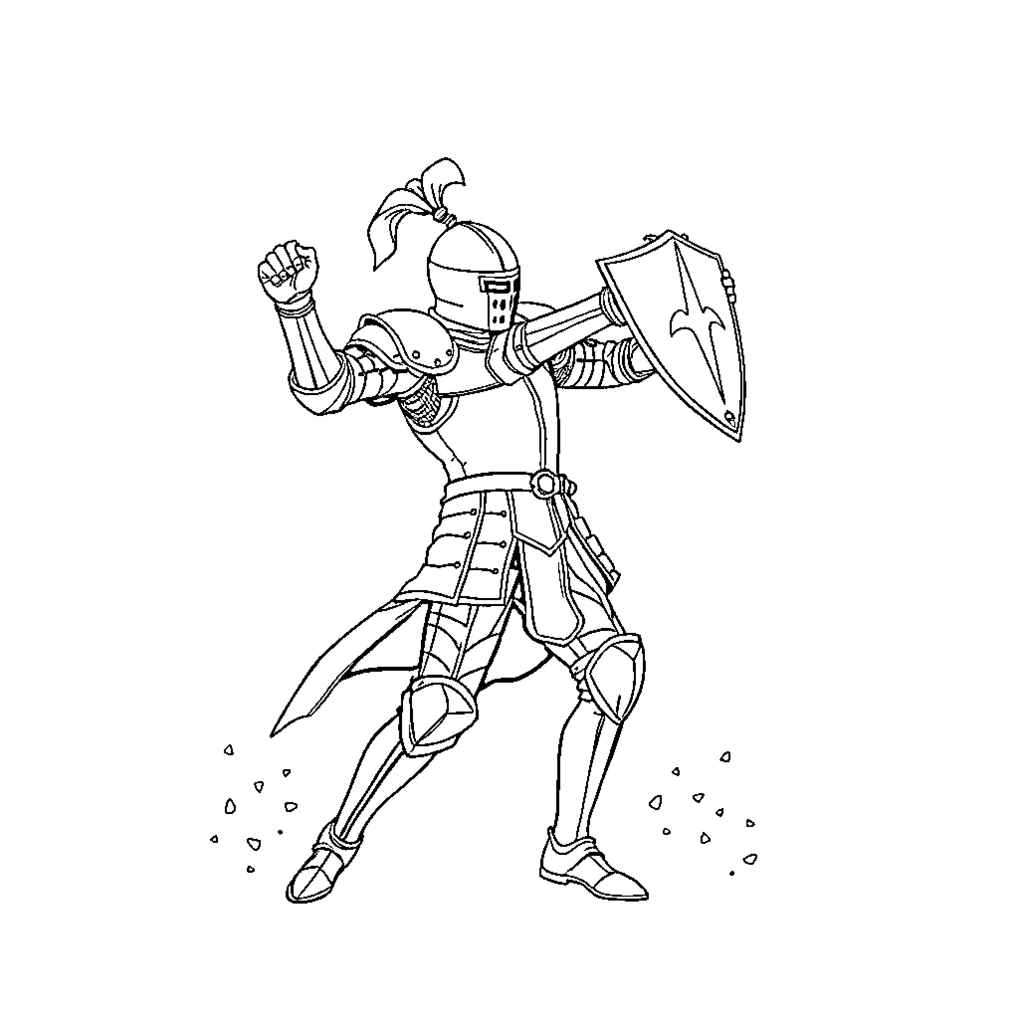 Knight Charging into Battle with Shield and Sword Coloring Page (free black-and-white line drawing printable PDF for all, from beginners to advanced learners, including children, teens, adults, and seniors)