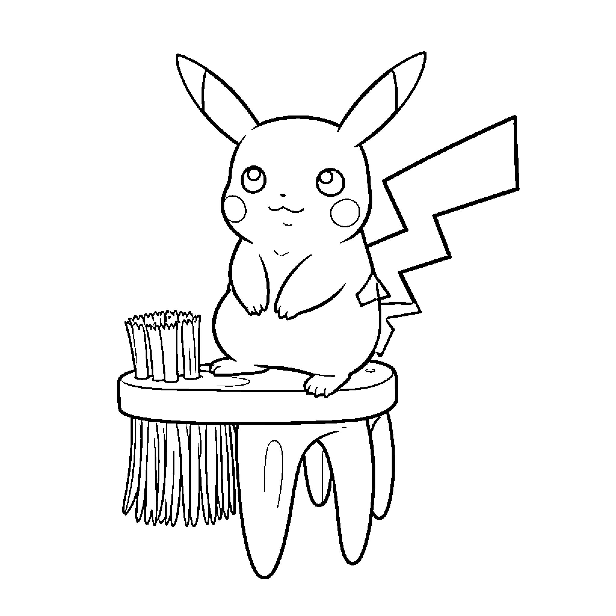 Pikachu sitting on a toothbrush with a happy expression Coloring Page (free black-and-white line drawing printable PDF for all, from beginners to advanced learners, including children, teens, adults, and seniors)