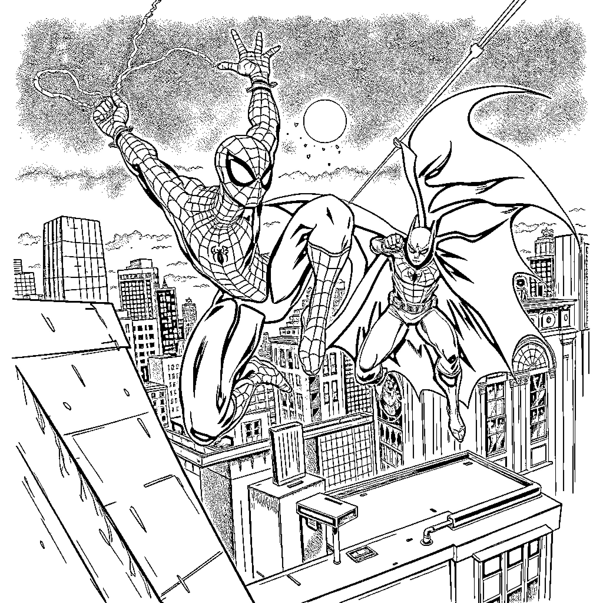 Spiderman and Batman in epic city battle Coloring Page (free black-and-white line drawing printable PDF for all, from beginners to advanced learners, including children, teens, adults, and seniors)