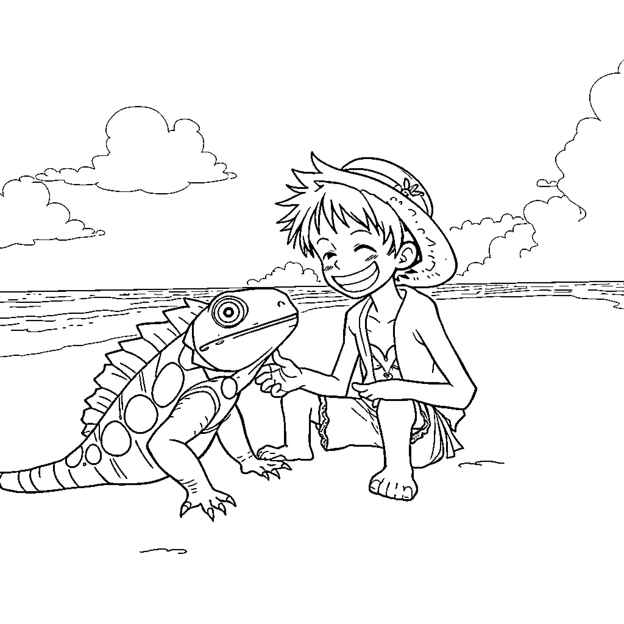 Luffy playing with a large lizard at the beach Coloring Page (free black-and-white line drawing printable PDF for all, from beginners to advanced learners, including children, teens, adults, and seniors)