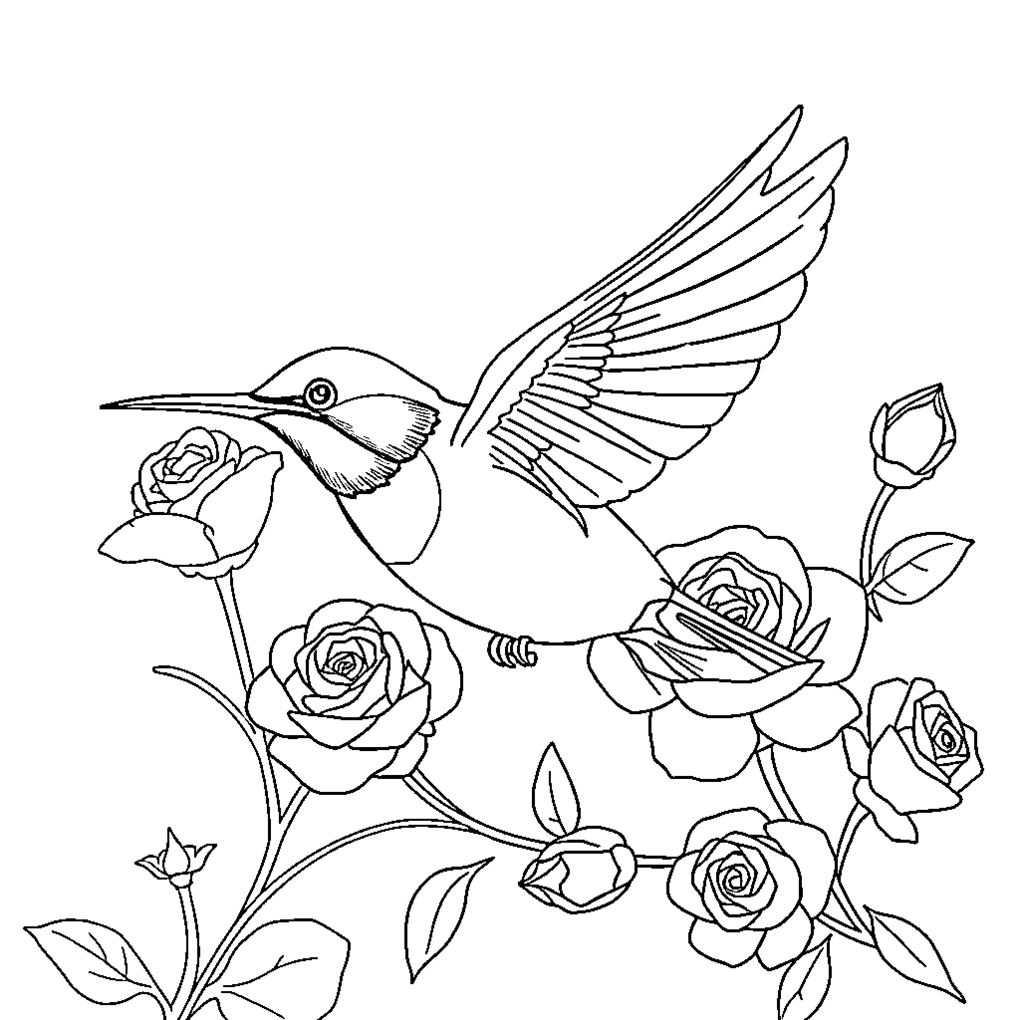 Hummingbird among vibrant roses in flight Coloring Page (free black-and-white line drawing printable PDF for all, from beginners to advanced learners, including children, teens, adults, and seniors)