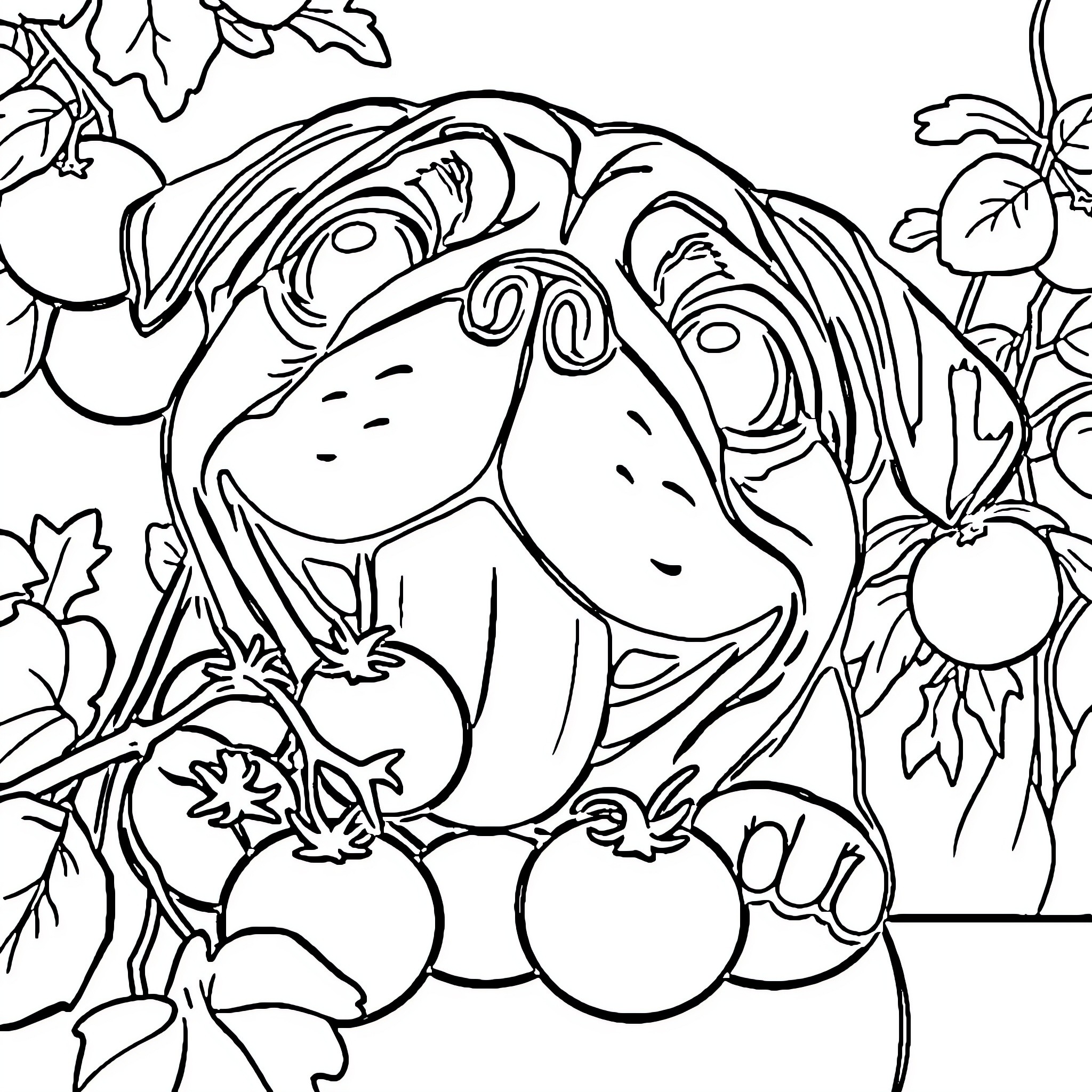 Pug surrounded by cheerful garden flowers Coloring Page (free black-and-white line drawing printable PDF for all, from beginners to advanced learners, including children, teens, adults, and seniors)