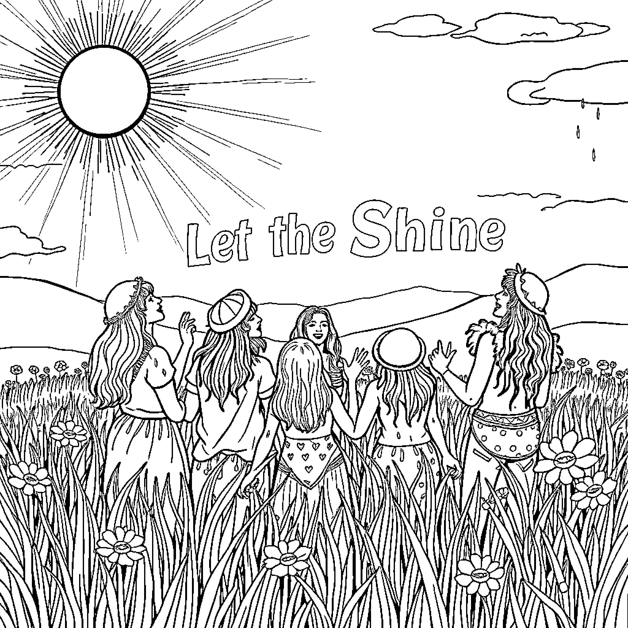 Hippie community celebrating in nature Coloring Page (free black-and-white line drawing printable PDF for all, from beginners to advanced learners, including children, teens, adults, and seniors)