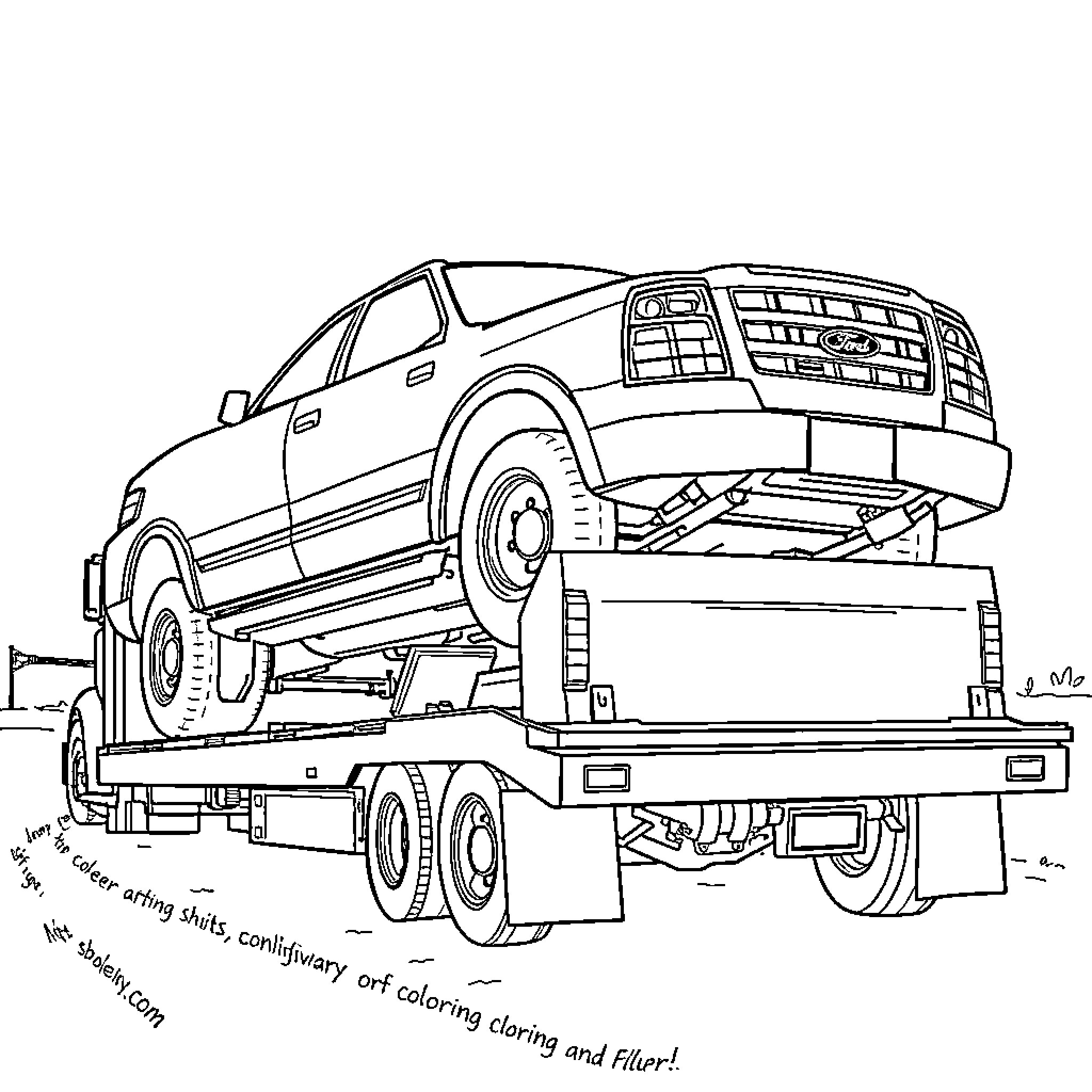 Ford Explorer on tow truck during repair Coloring Page (free black-and-white line drawing printable PDF for all, from beginners to advanced learners, including children, teens, adults, and seniors)