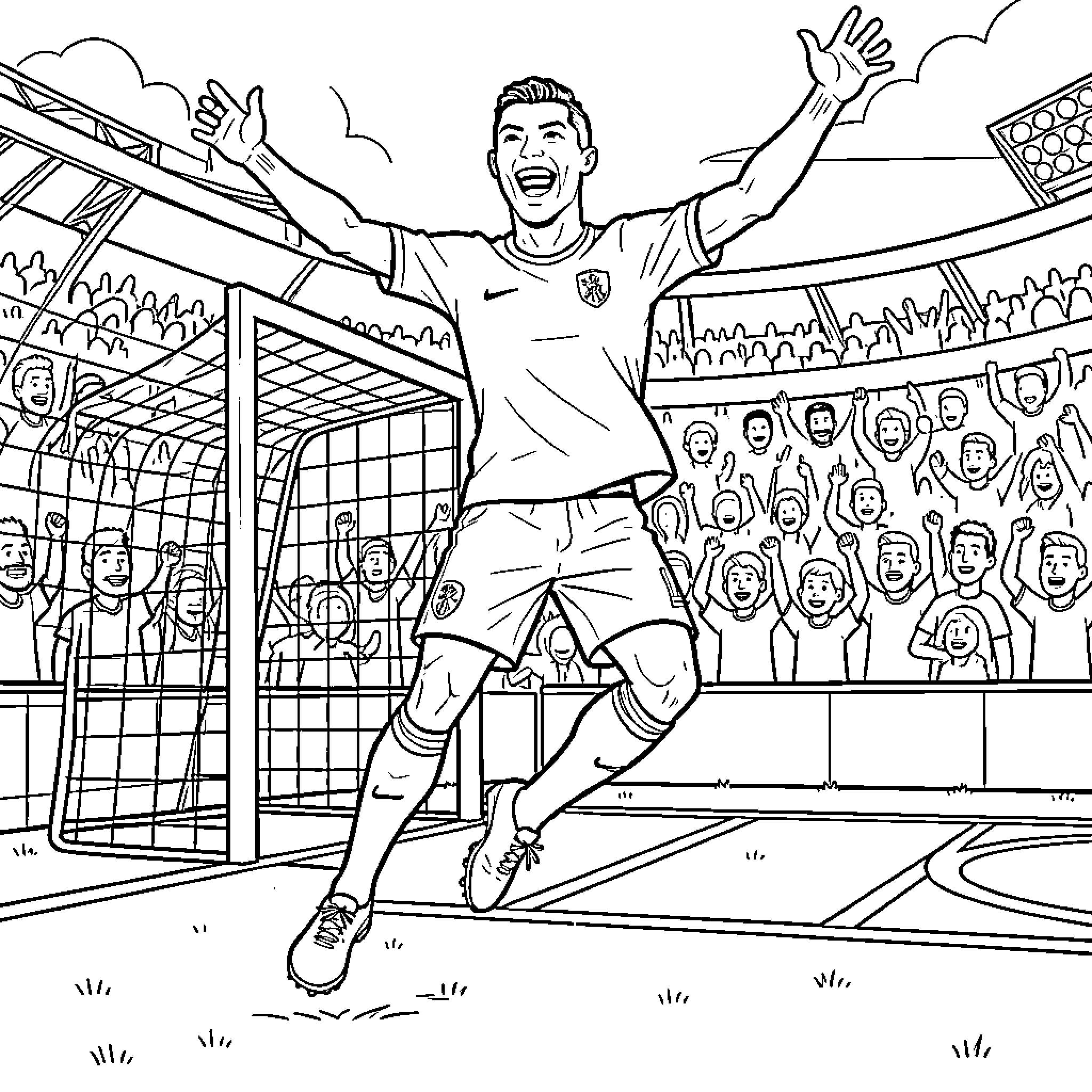 Cristiano Ronaldo celebrating a goal in a crowded stadium Coloring Page (free black-and-white line drawing printable PDF for all, from beginners to advanced learners, including children, teens, adults, and seniors)