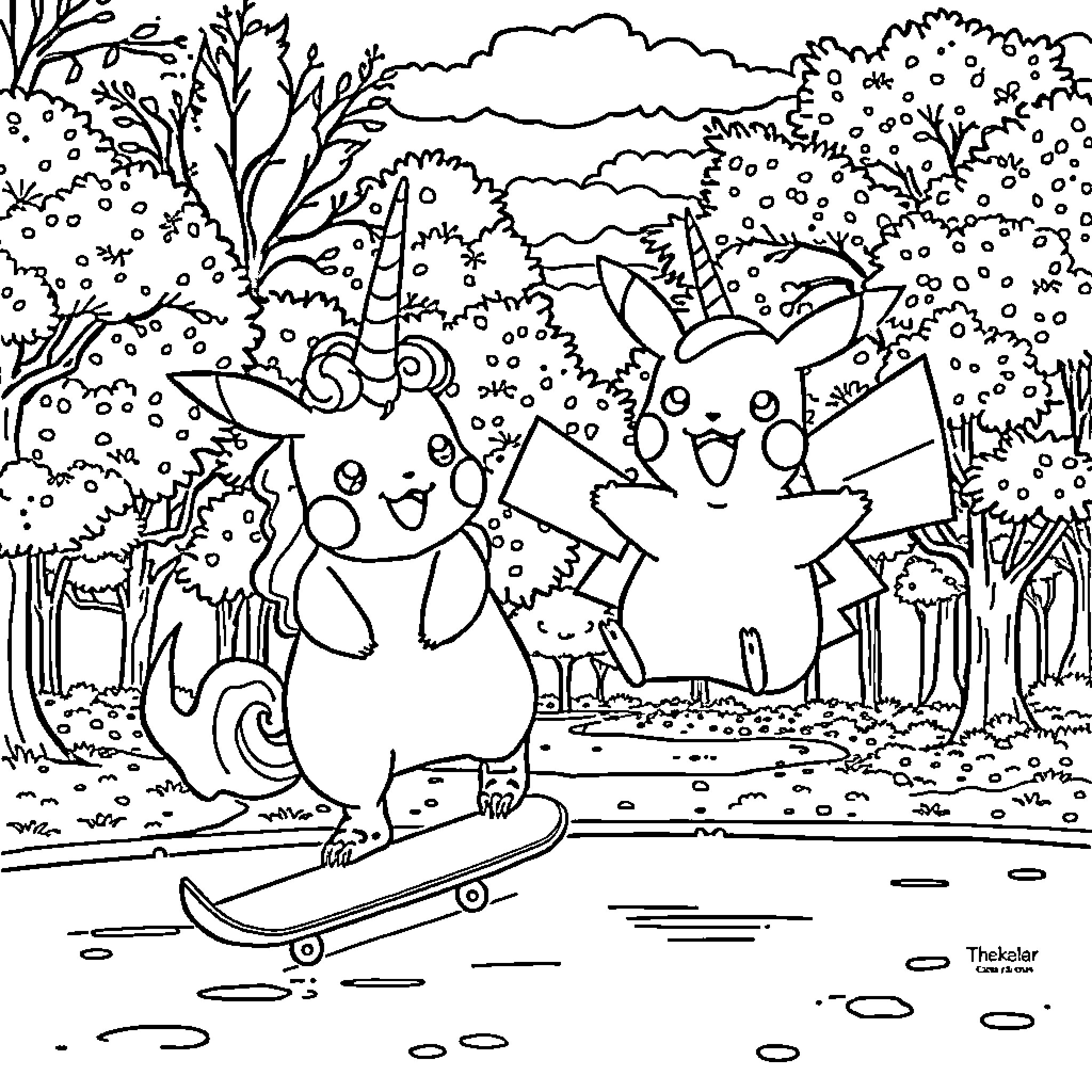 Unicorn friends explore the snowy forest Coloring Page (free black-and-white line drawing printable PDF for all, from beginners to advanced learners, including children, teens, adults, and seniors)