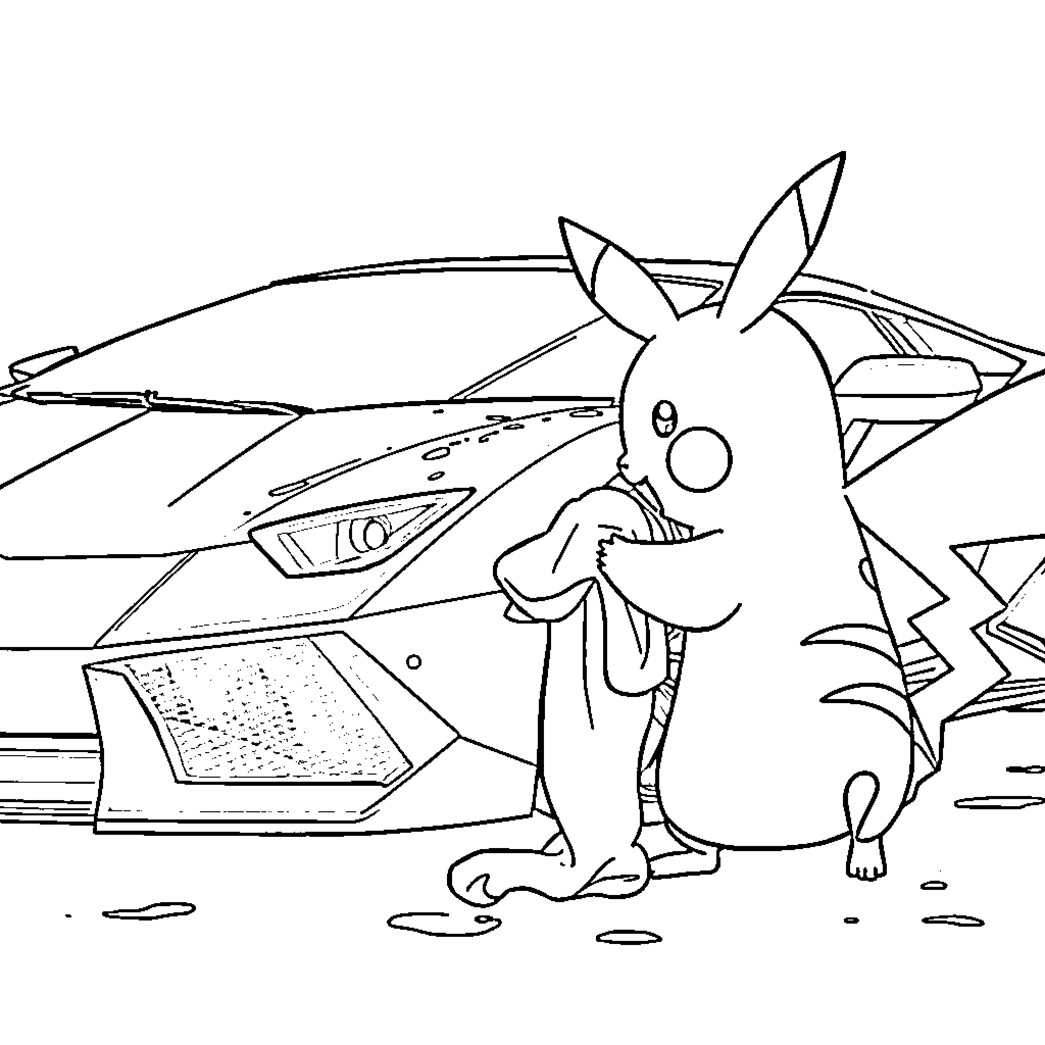 Pikachu exploring a futuristic landscape Coloring Page (free black-and-white line drawing printable PDF for all, from beginners to advanced learners, including children, teens, adults, and seniors)