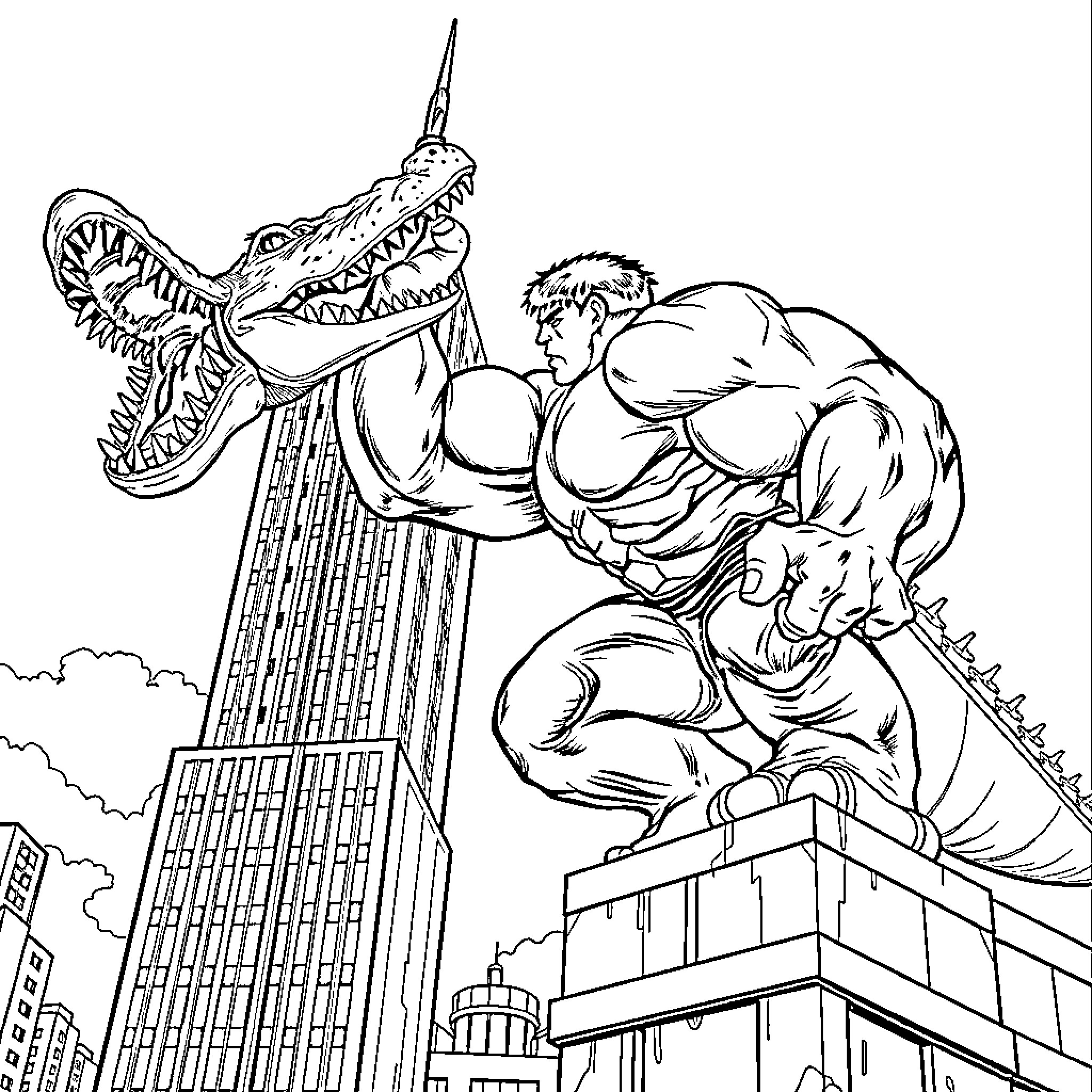 Hulk battles giant mutant beast in city skyline Coloring Page (free black-and-white line drawing printable PDF for all, from beginners to advanced learners, including children, teens, adults, and seniors)