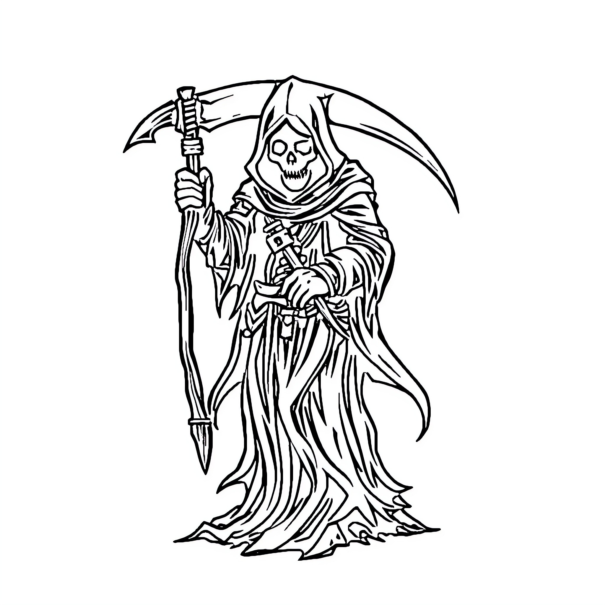 Grim Reaper holding a scythe in a dark cloak Coloring Page (free black-and-white line drawing printable PDF for all, from beginners to advanced learners, including children, teens, adults, and seniors)
