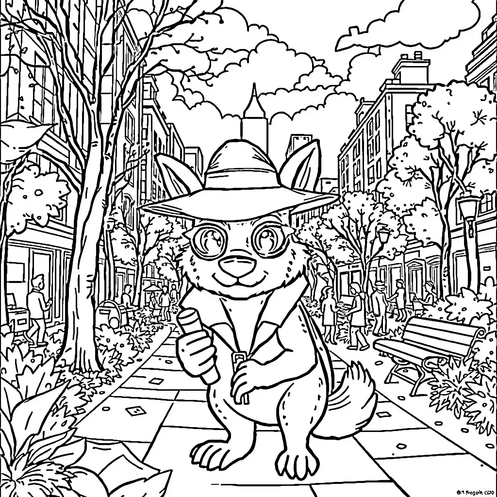 Animal Detective Investigates the Vibrant City Scene Coloring Page (free black-and-white line drawing printable PDF for all, from beginners to advanced learners, including children, teens, adults, and seniors)